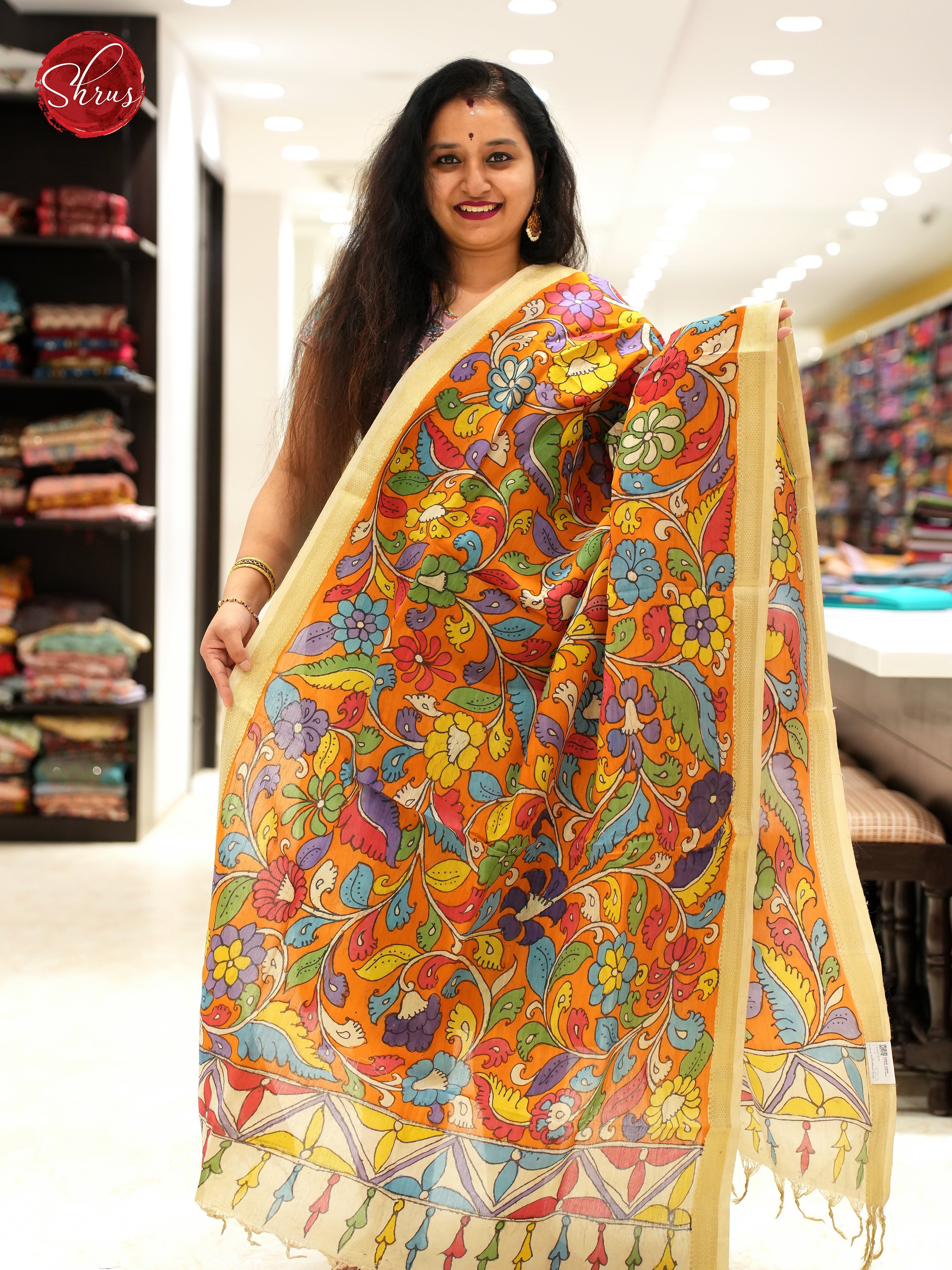 Orange - Pen kalamkari Dupatta - Shop on ShrusEternity.com