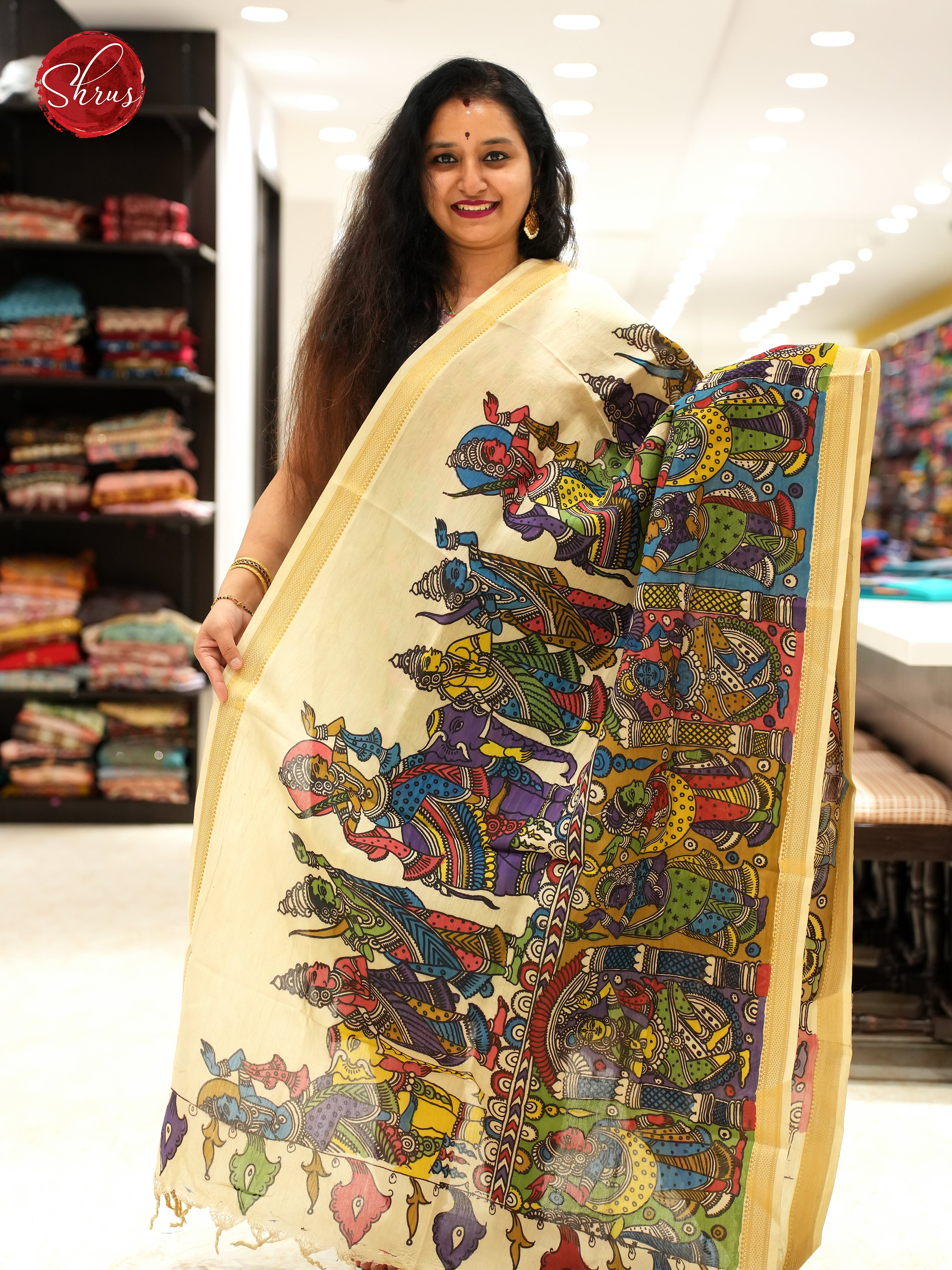 Cream- Pen Kalamkari Dupatta - Shop on ShrusEternity.com