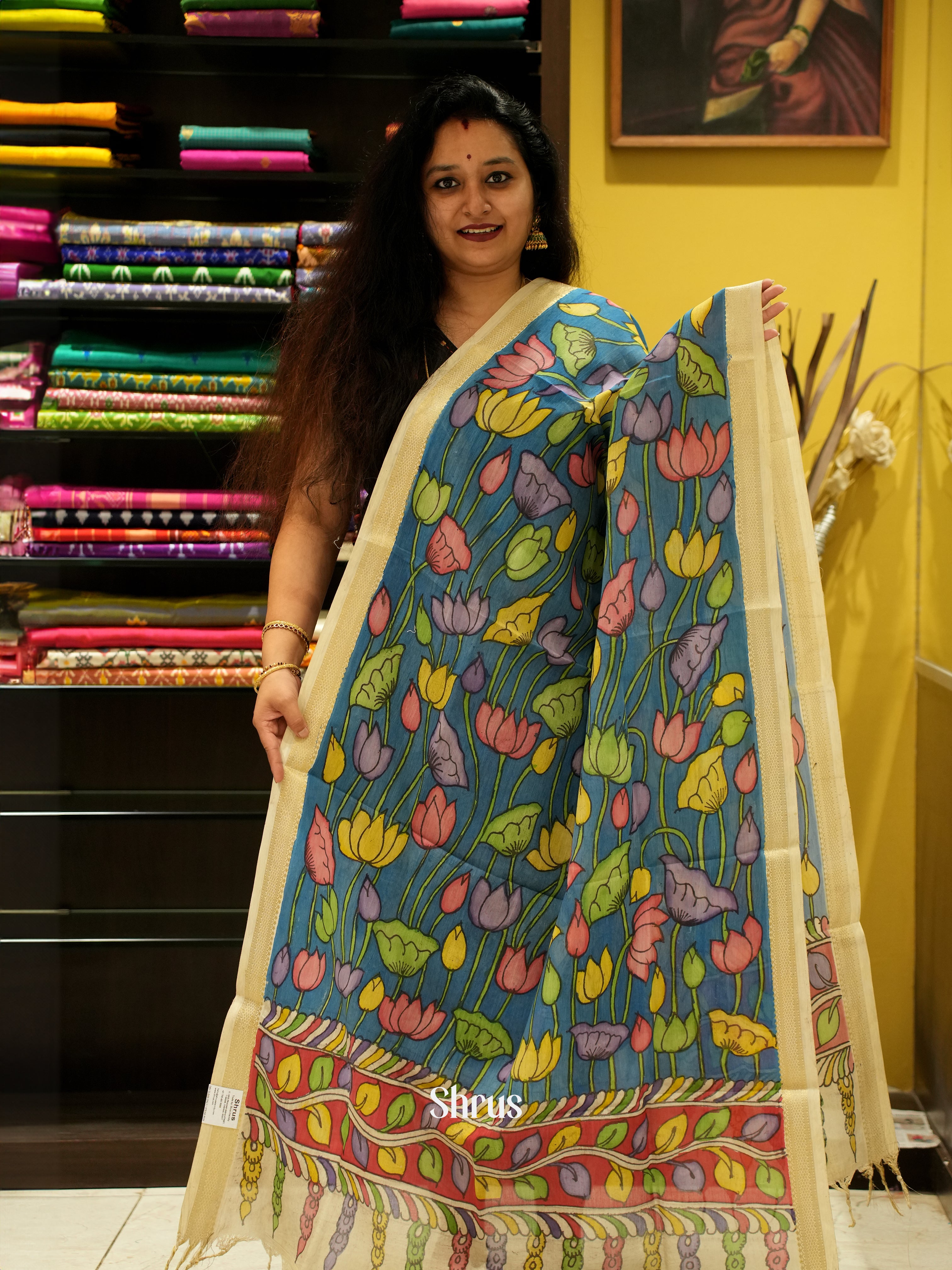 Blue & Cream - Pen kalamkari Dupatta - Shop on ShrusEternity.com