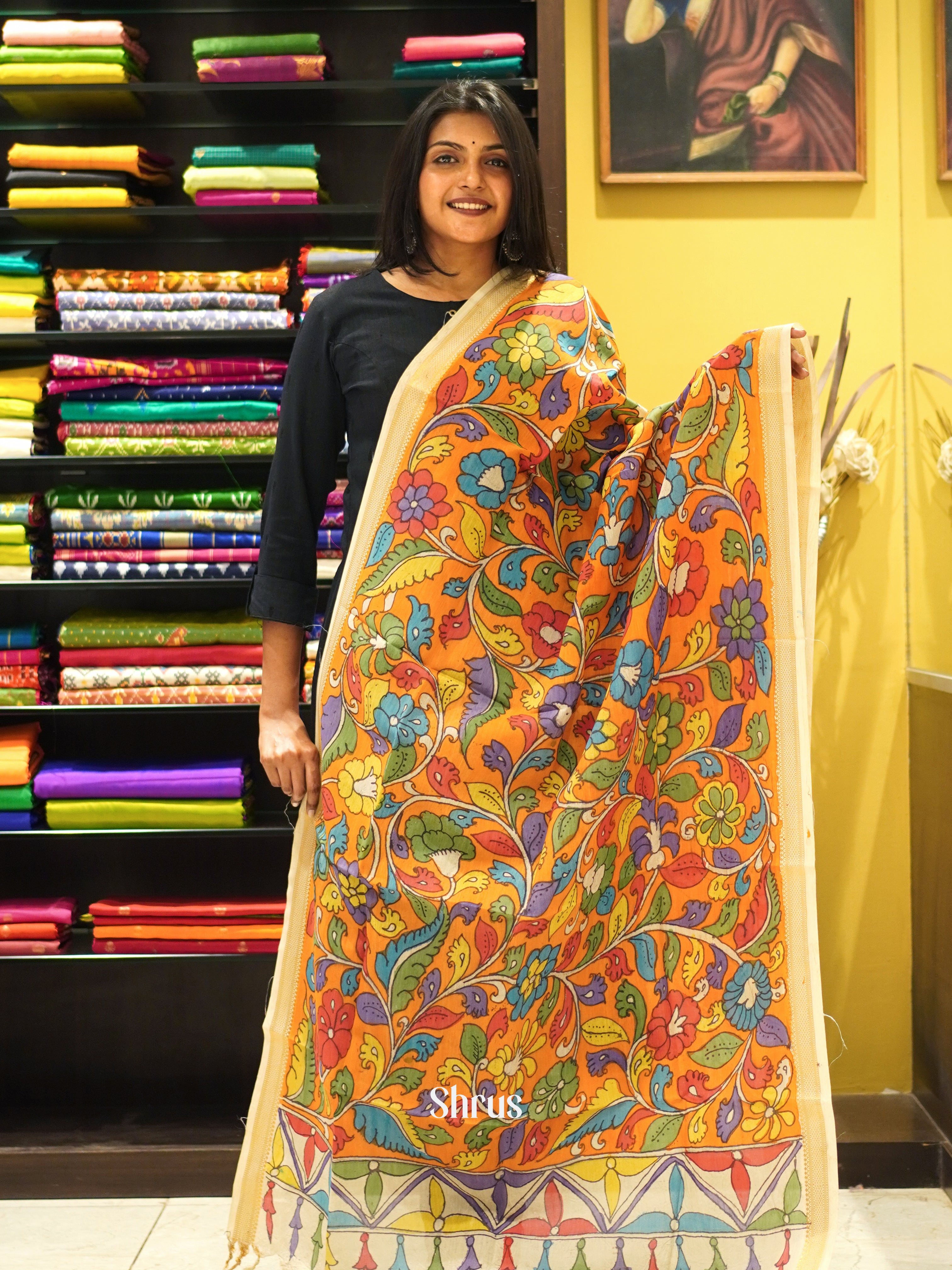 Orange - Penkalamkari Dupatta - Shop on ShrusEternity.com