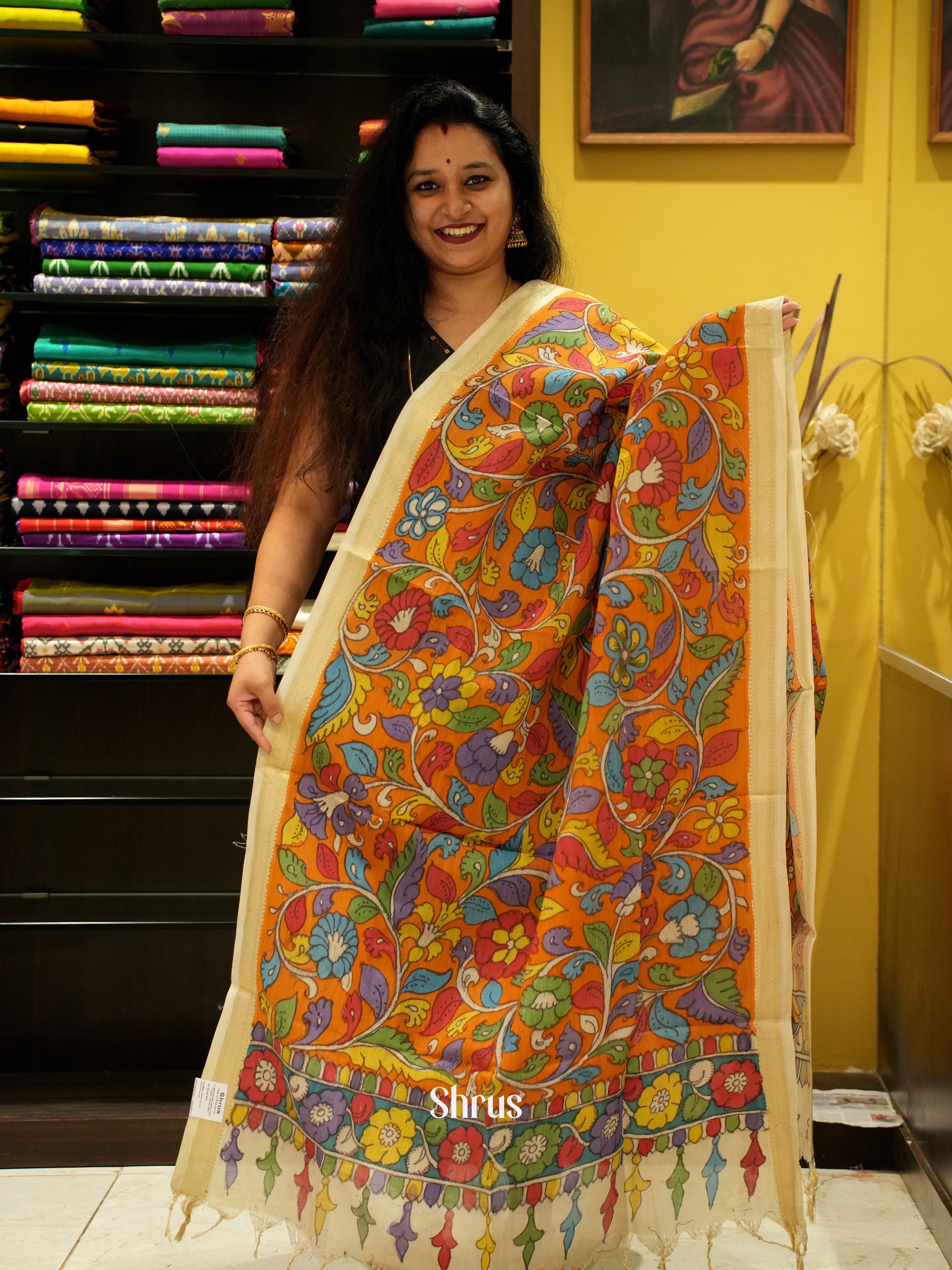 Orange & Cream- Pen kalamkari Dupatta - Shop on ShrusEternity.com