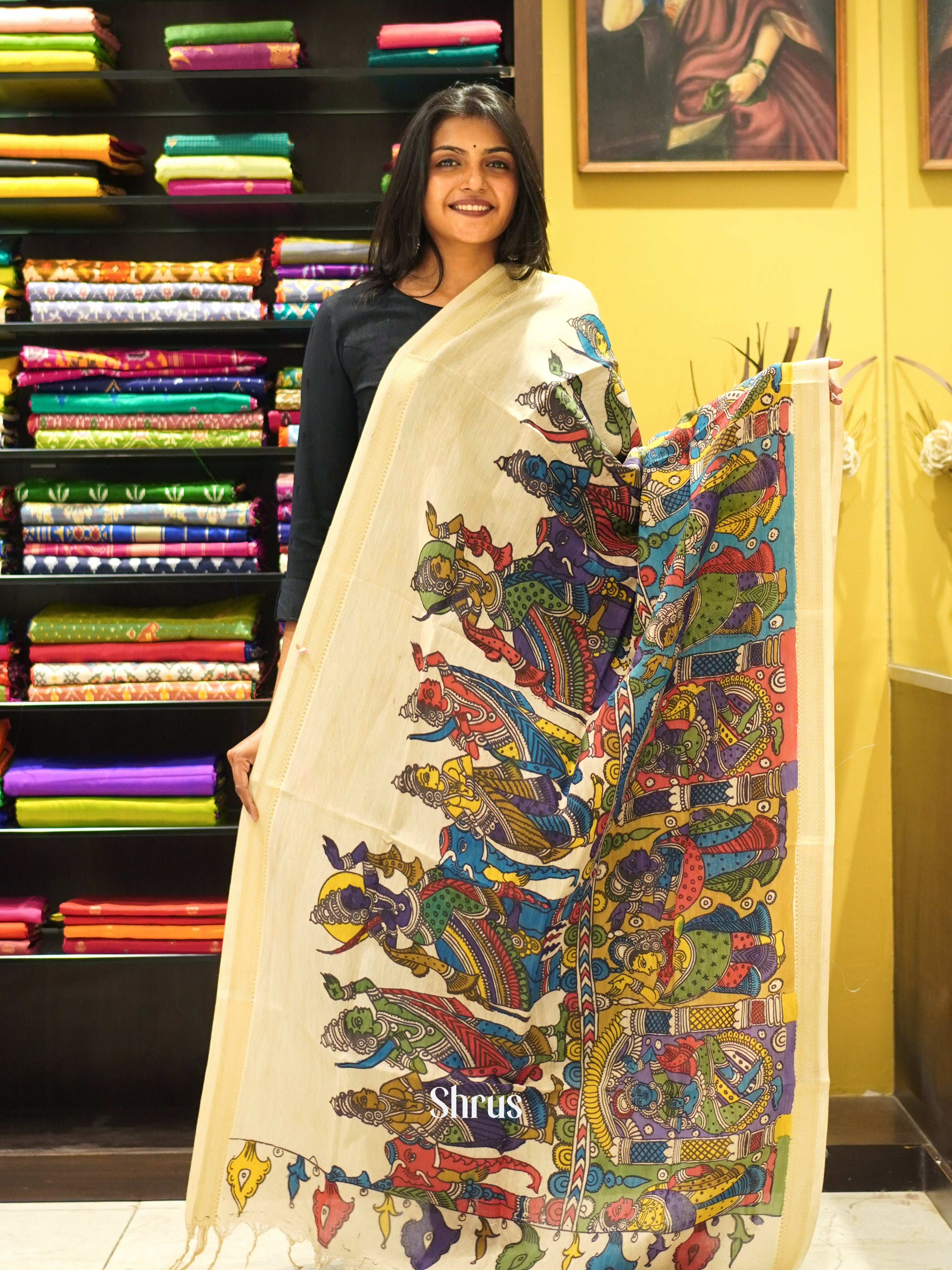 Cream - Pen kalamkari Dupatta - Shop on ShrusEternity.com