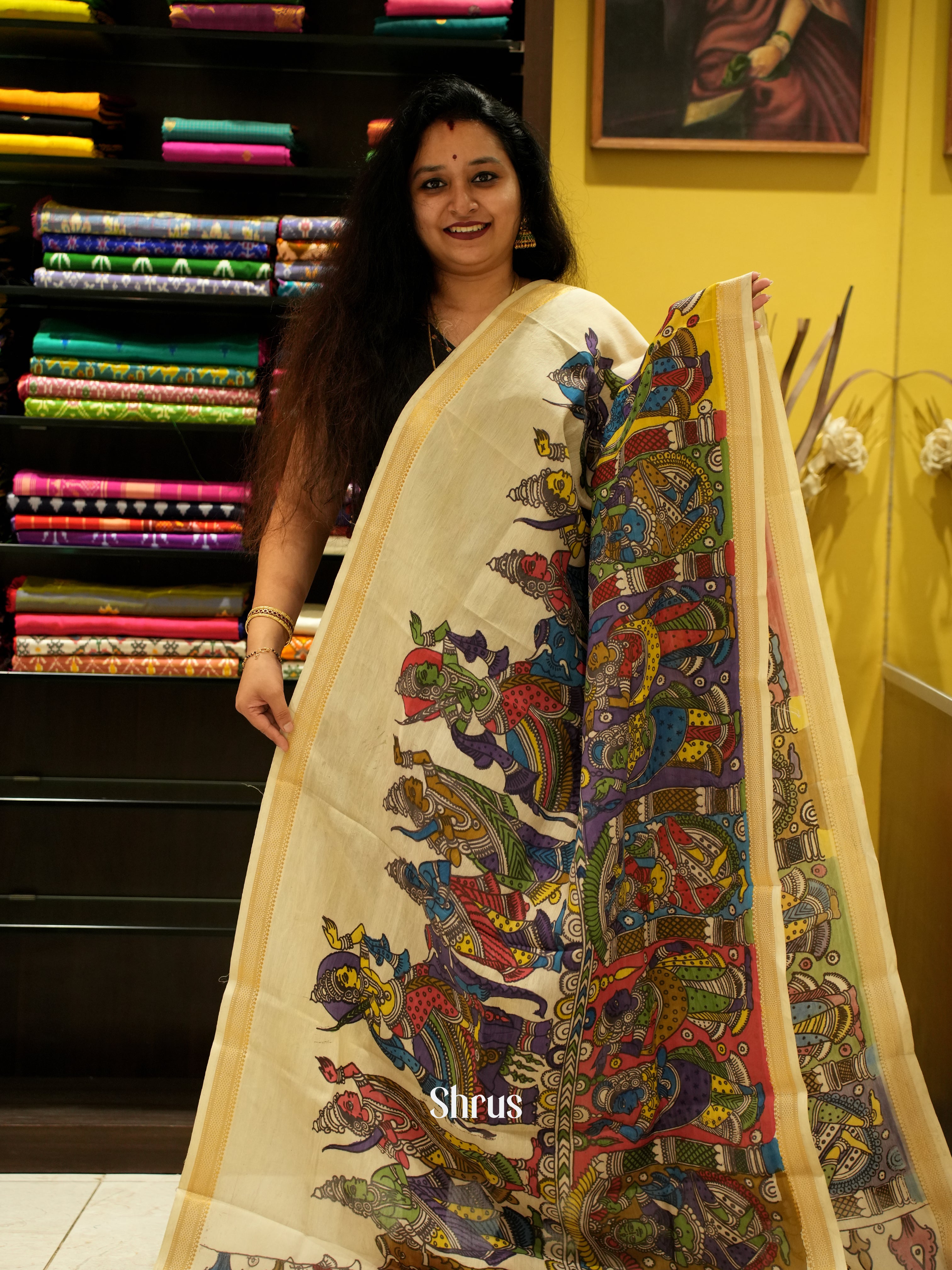 Cream - Pen kalamkari Dupatta - Shop on ShrusEternity.com