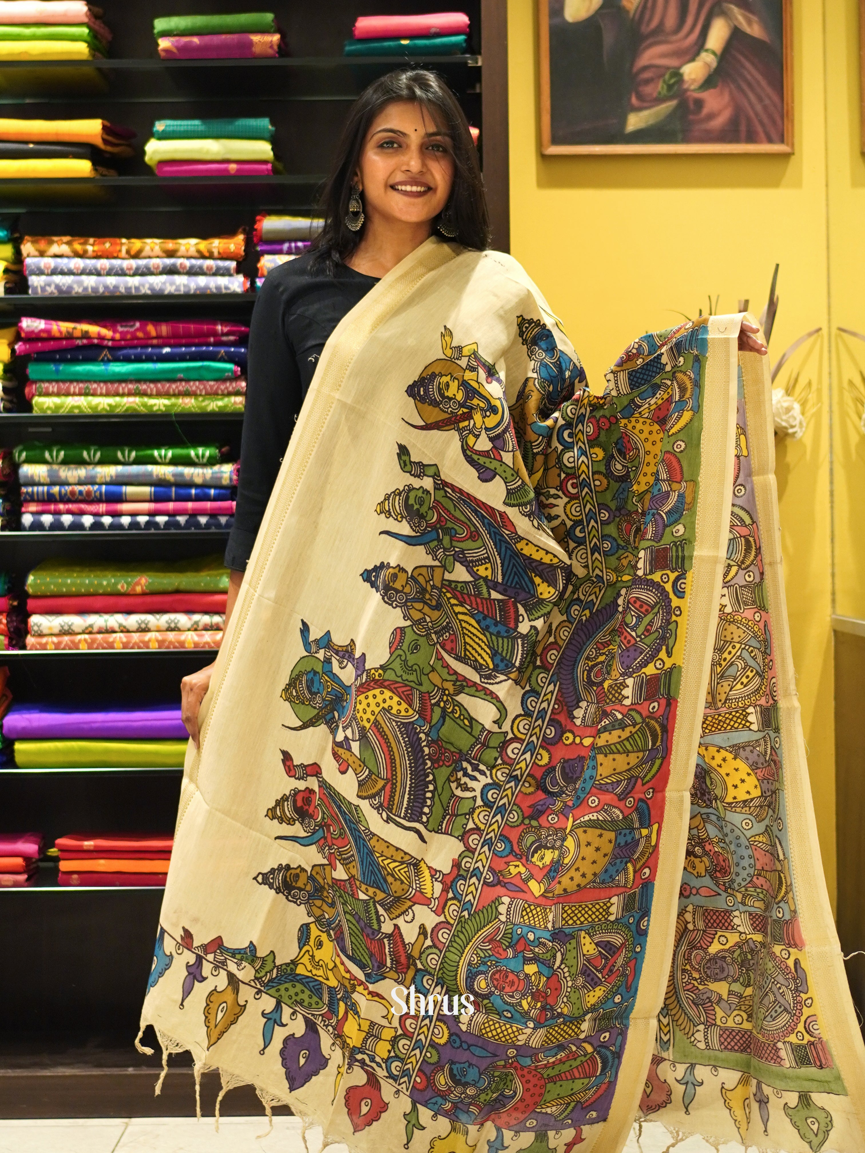 Cream - Pen kalamkari Dupatta - Shop on ShrusEternity.com