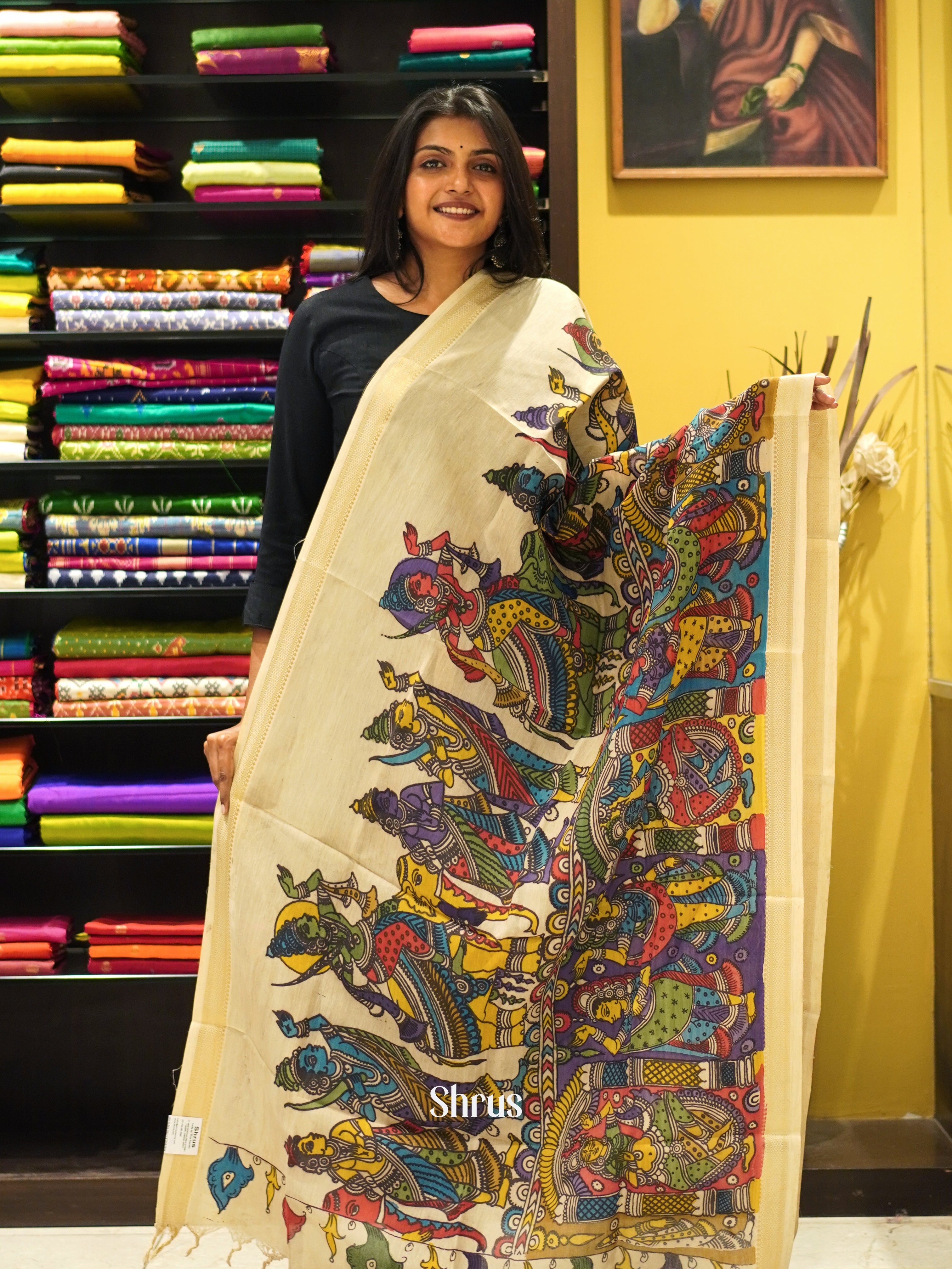 Cream - Pen kalamkari Dupatta - Shop on ShrusEternity.com