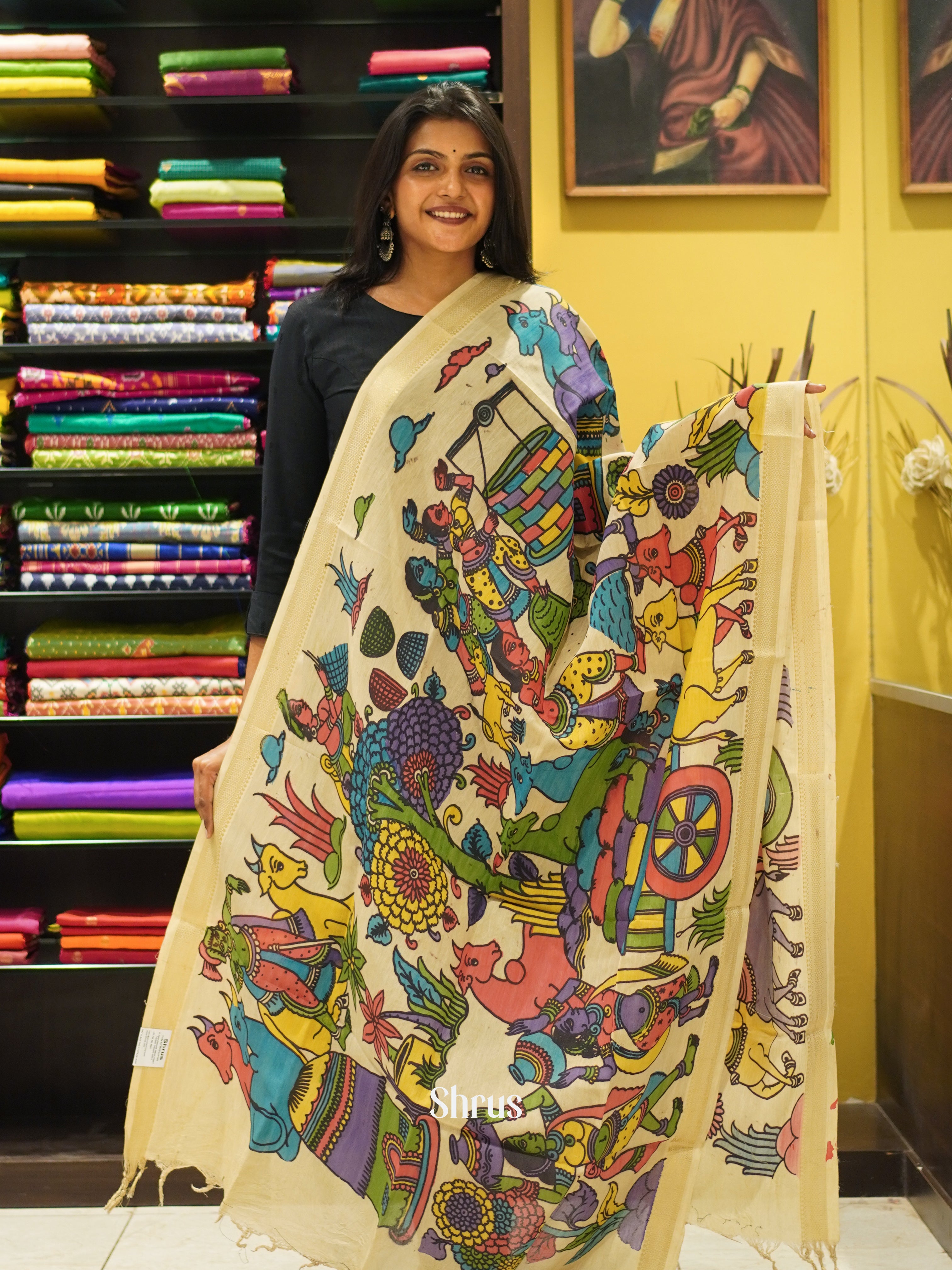 Cream - Pen kalamkari Dupatta - Shop on ShrusEternity.com