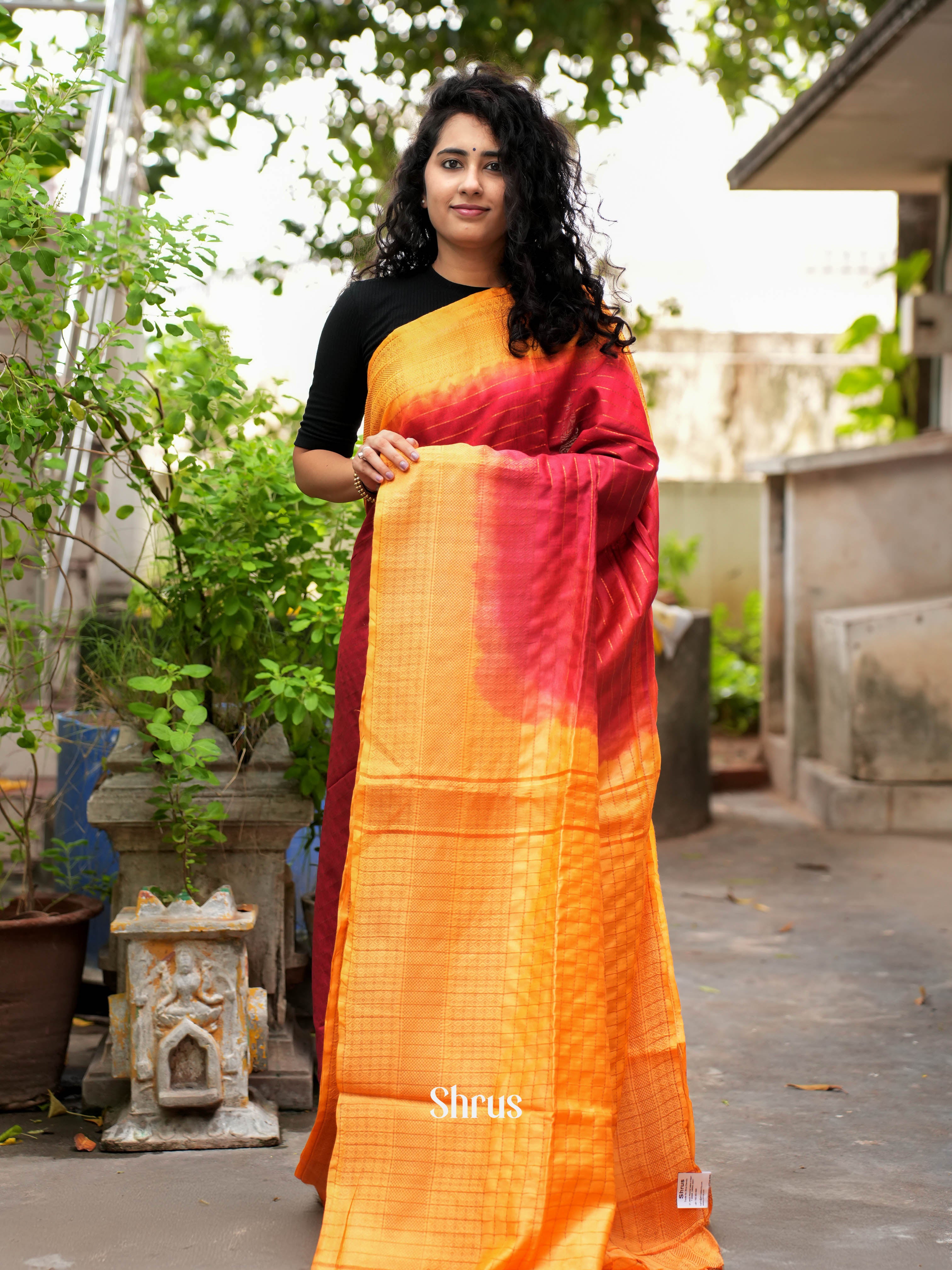Red & Mustard - Semi Tussar Saree - Shop on ShrusEternity.com