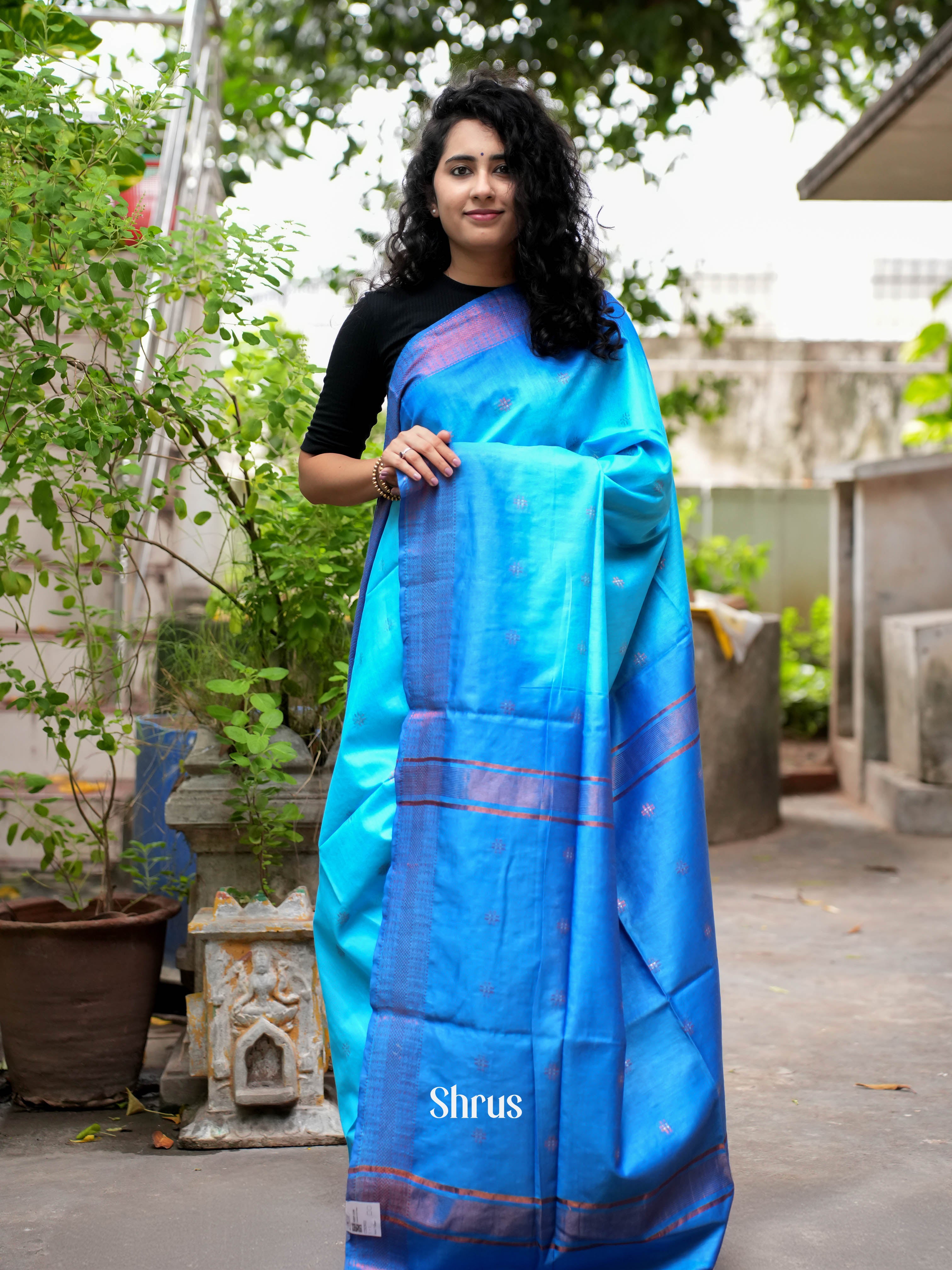 Teal & Blue - Semi Tussar Saree - Shop on ShrusEternity.com