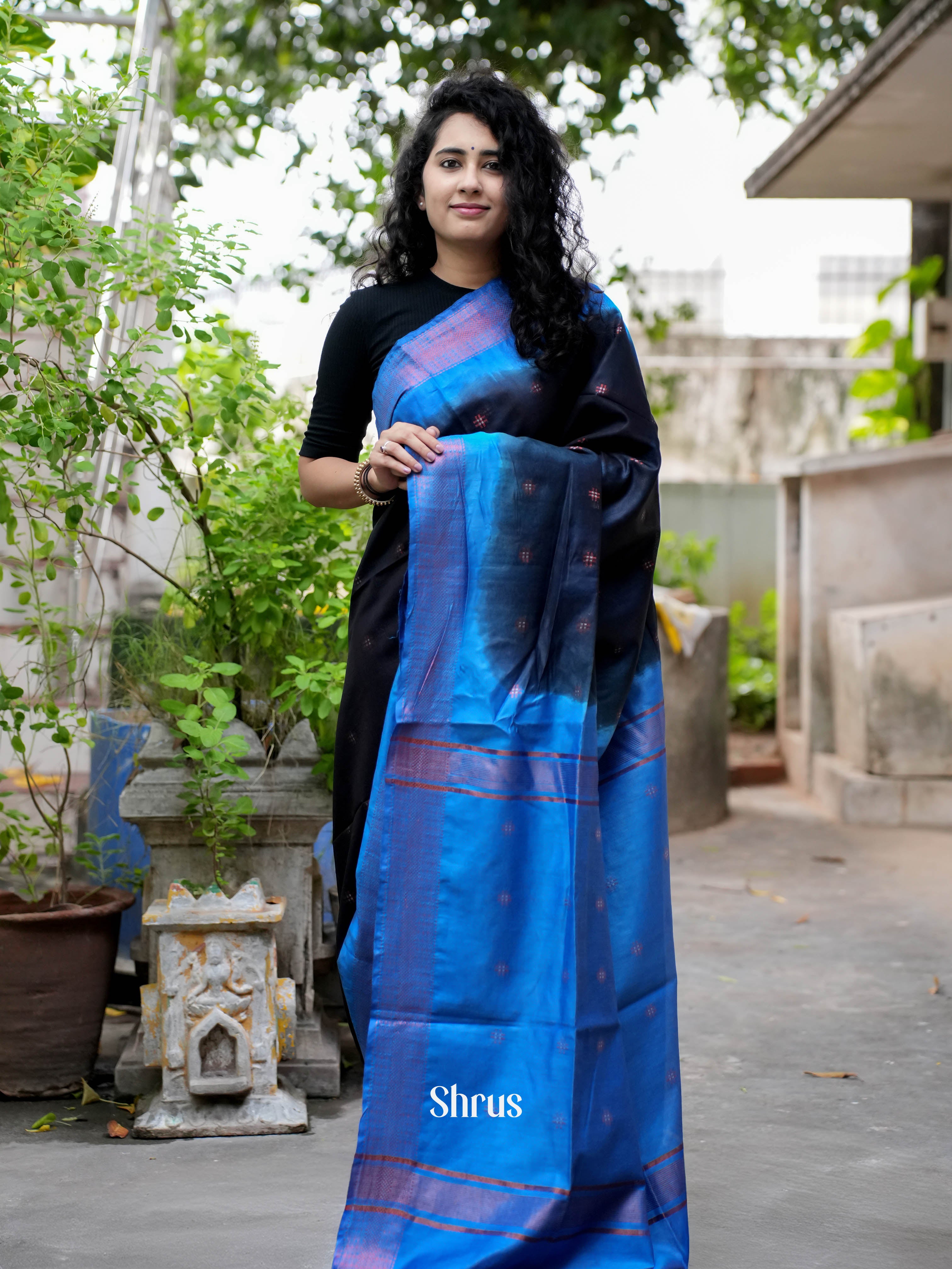 Black & Blue - Semi Tussar Saree - Shop on ShrusEternity.com