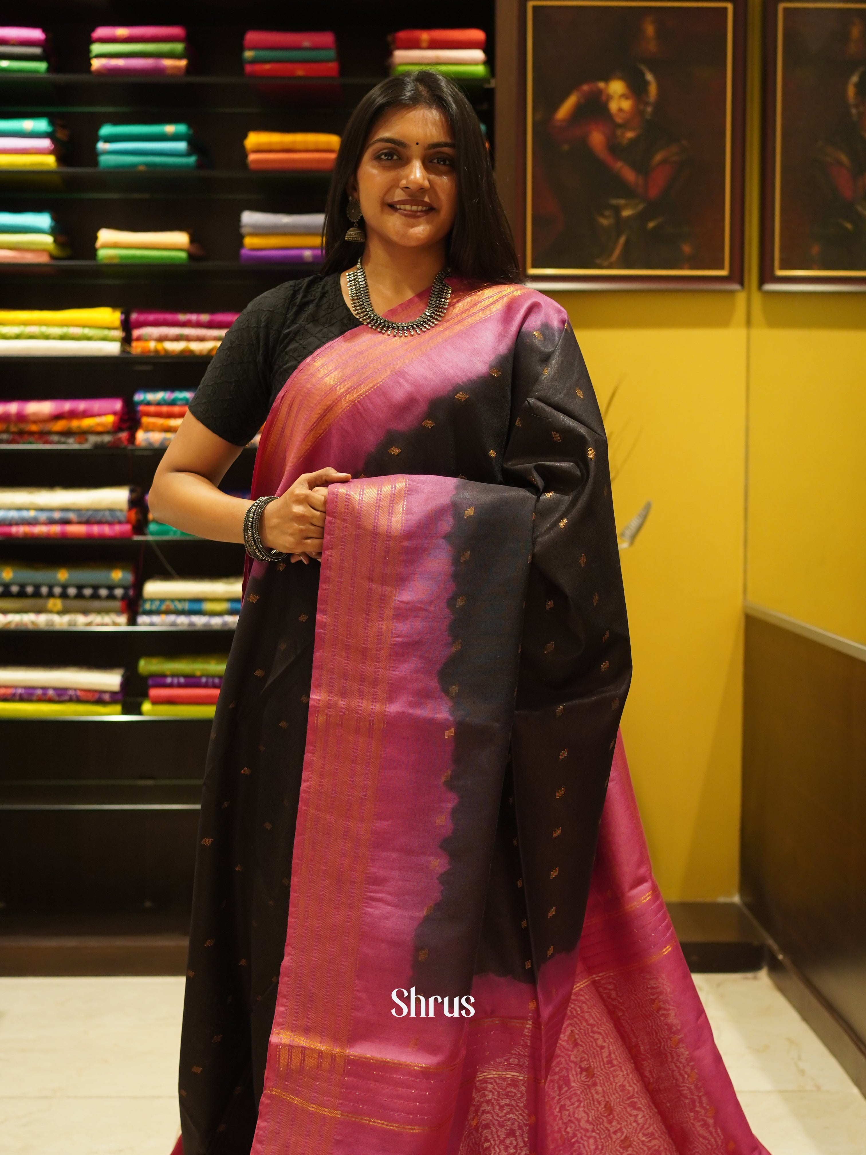 Black & Pink- Semi Tussar Saree - Shop on ShrusEternity.com