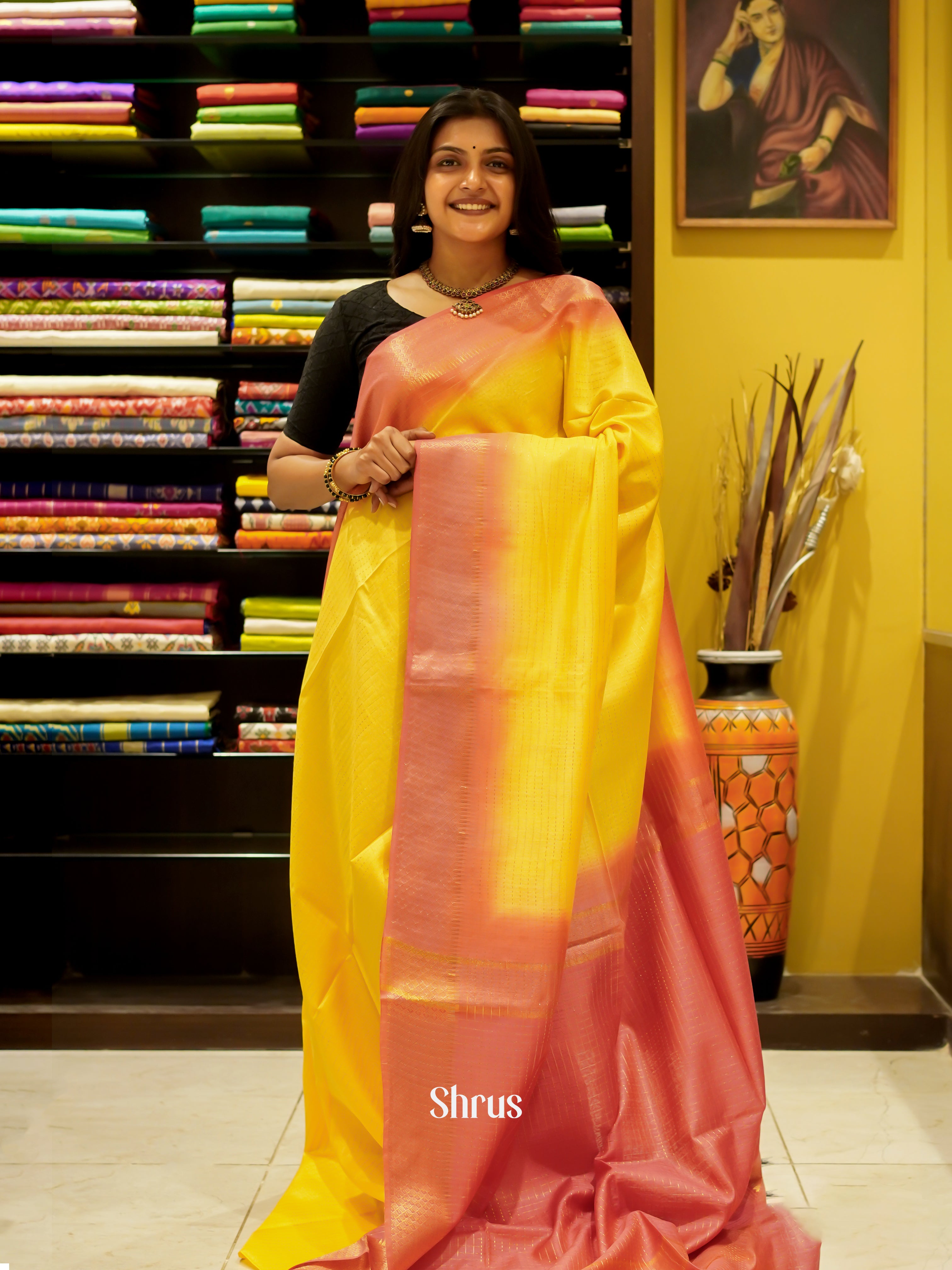 Yellow & Orangish Pink - Semi Tussar Saree - Shop on ShrusEternity.com