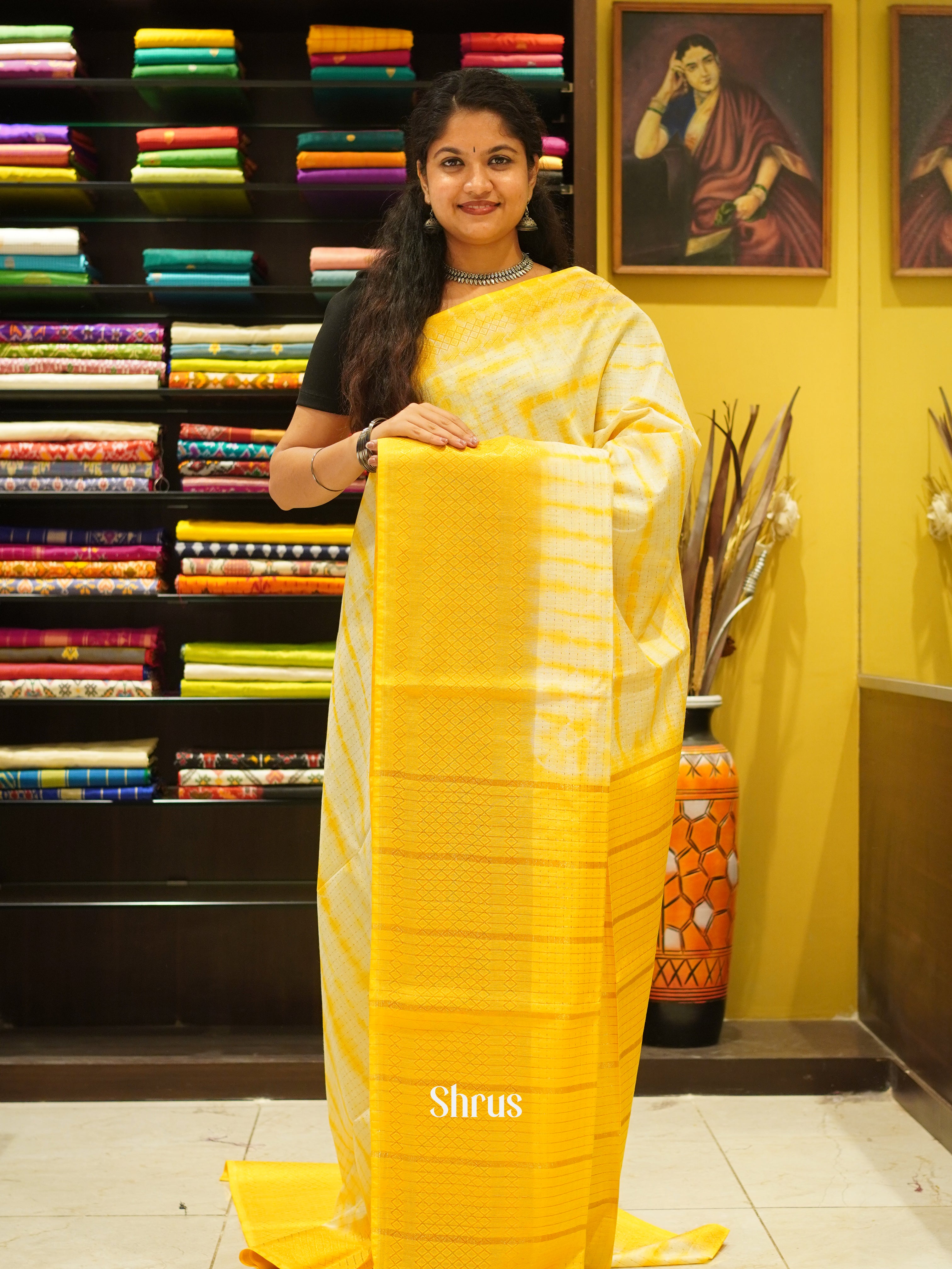 Cream & Yellow - Shibori Saree - Shop on ShrusEternity.com