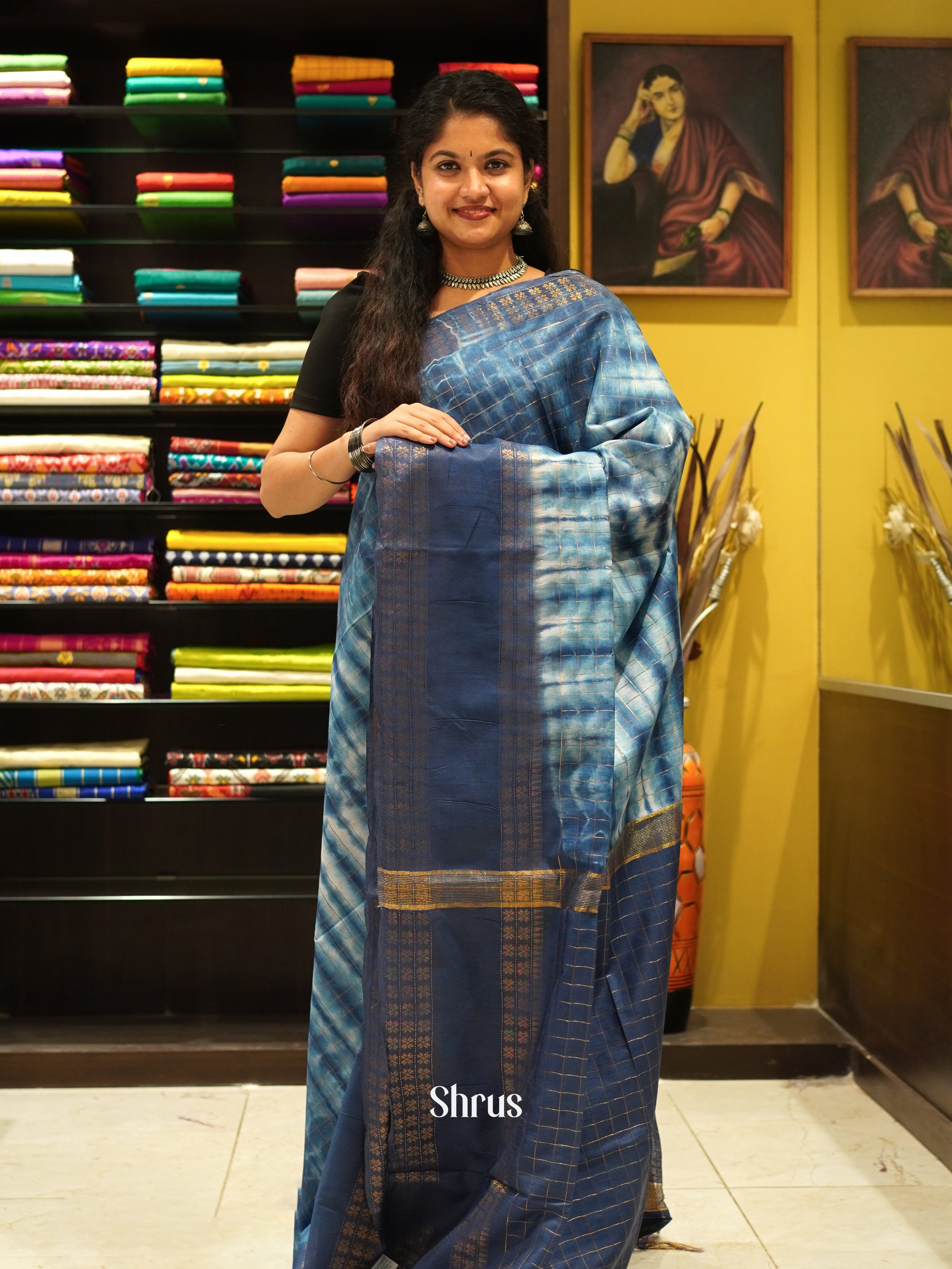 Cream & Blue - Shibori Saree - Shop on ShrusEternity.com
