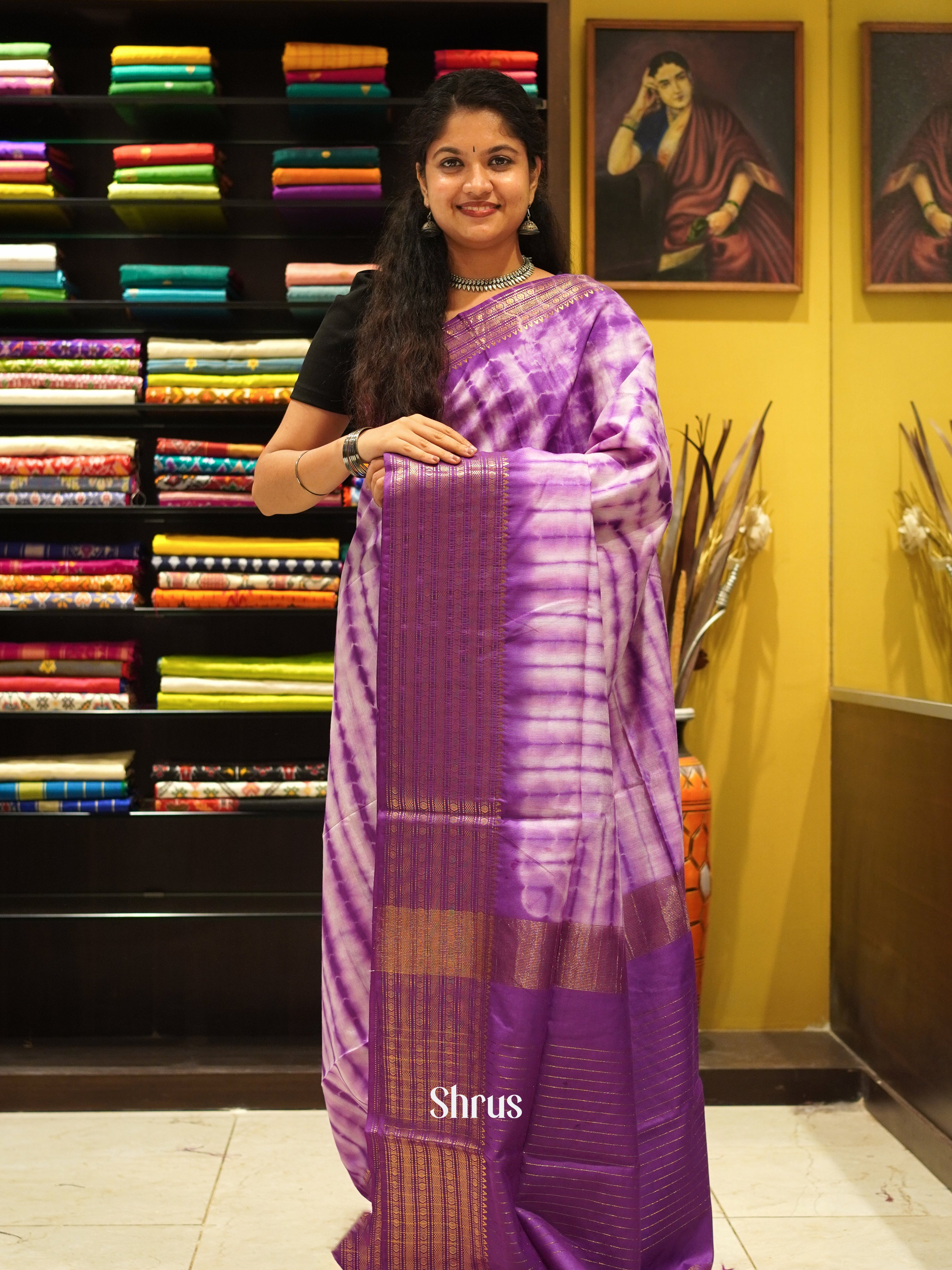 Cream & Purple - Shibori Saree - Shop on ShrusEternity.com