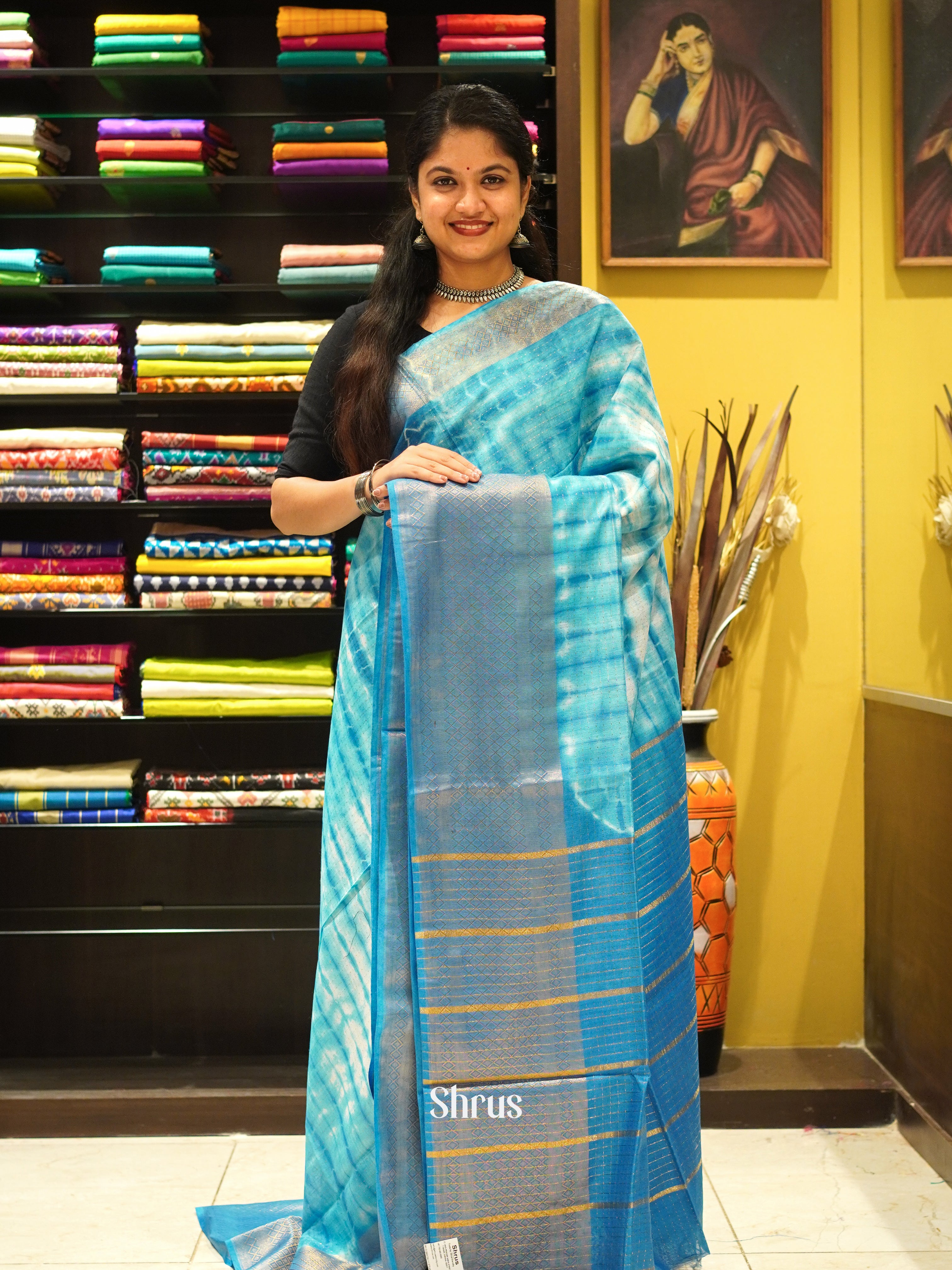 Cream & Teal - Shibori Saree - Shop on ShrusEternity.com