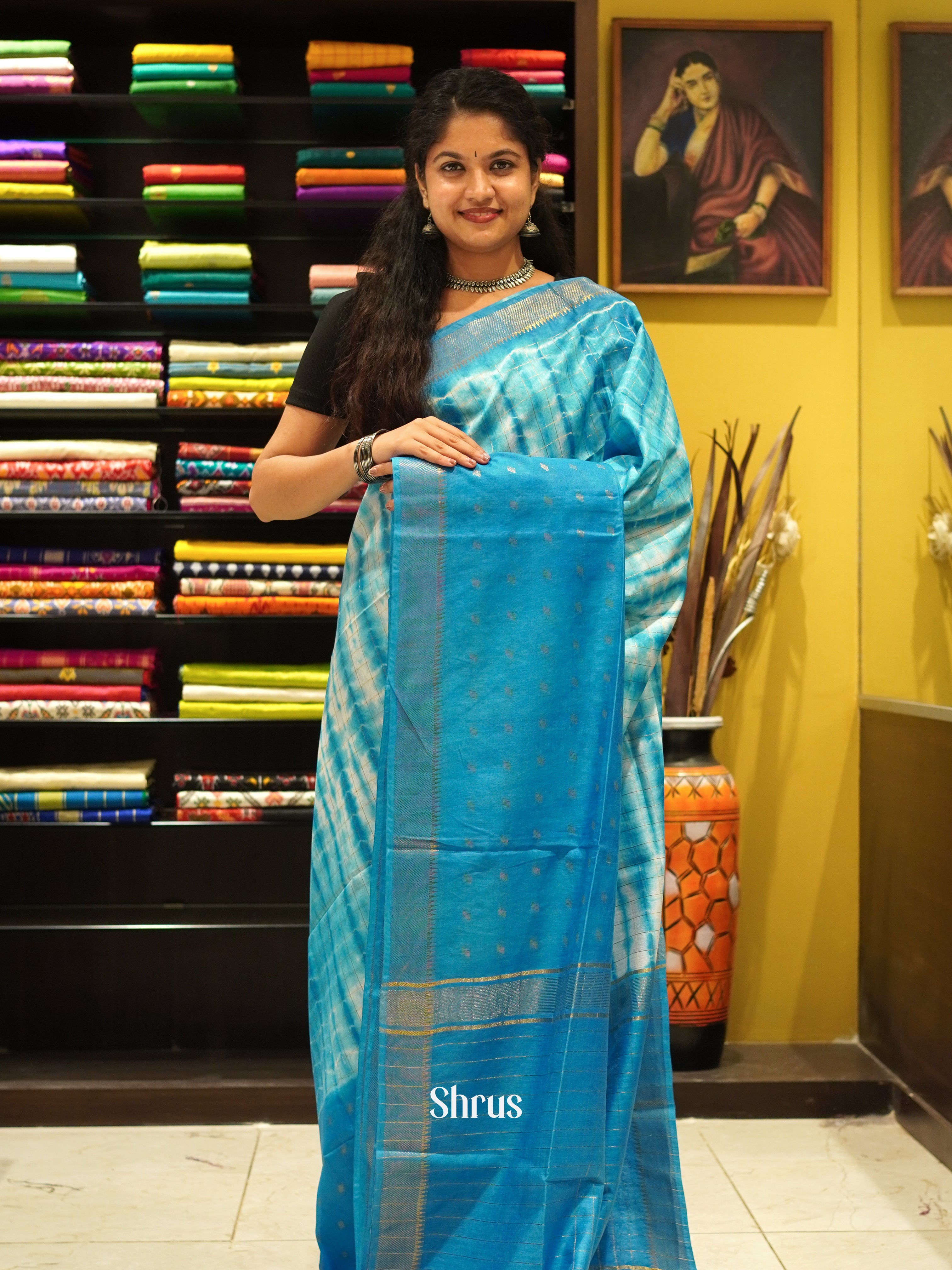 Cream & Sky Blue - Shibori Saree - Shop on ShrusEternity.com