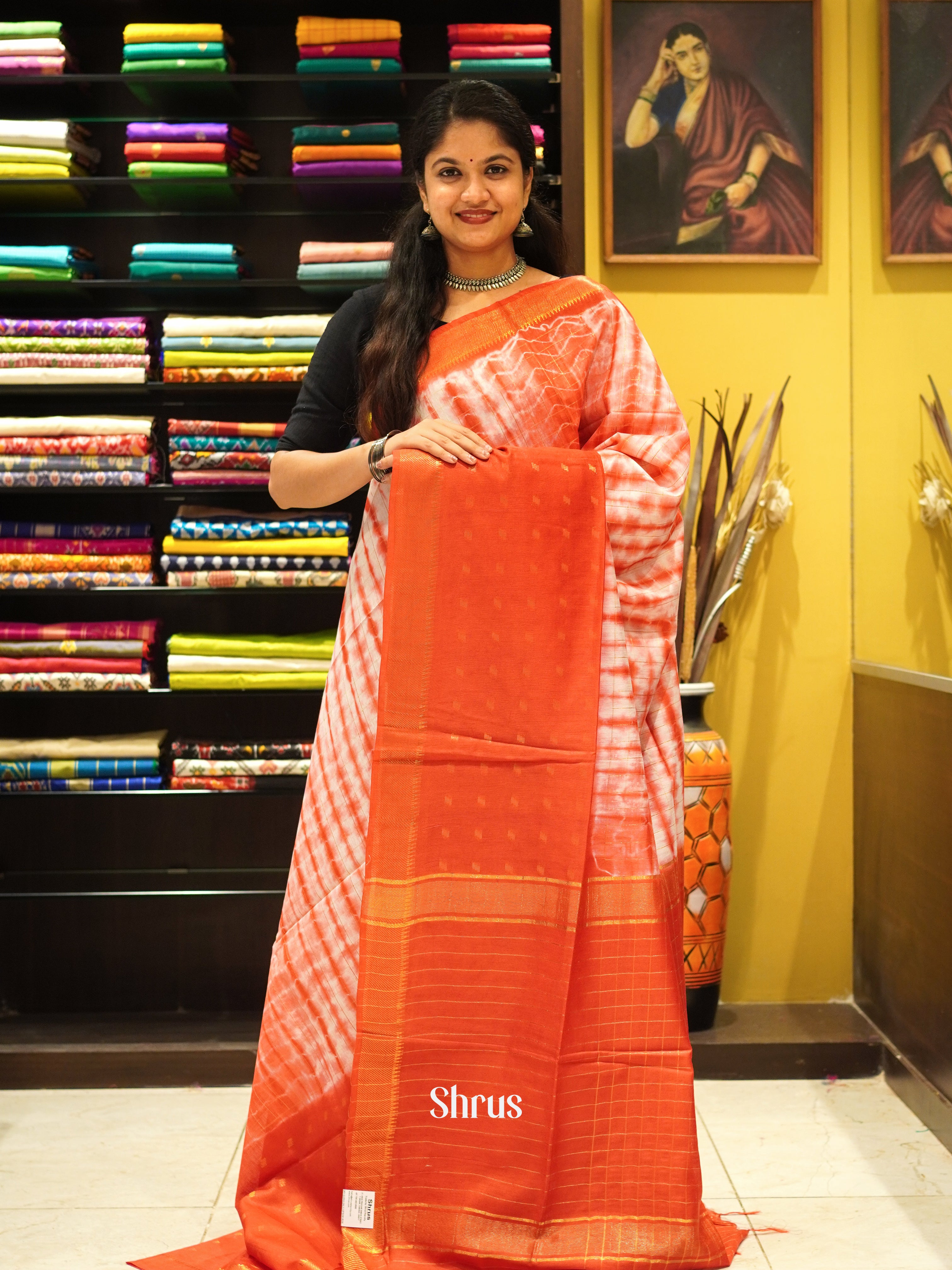 Cream & Orange - Shibori Saree - Shop on ShrusEternity.com