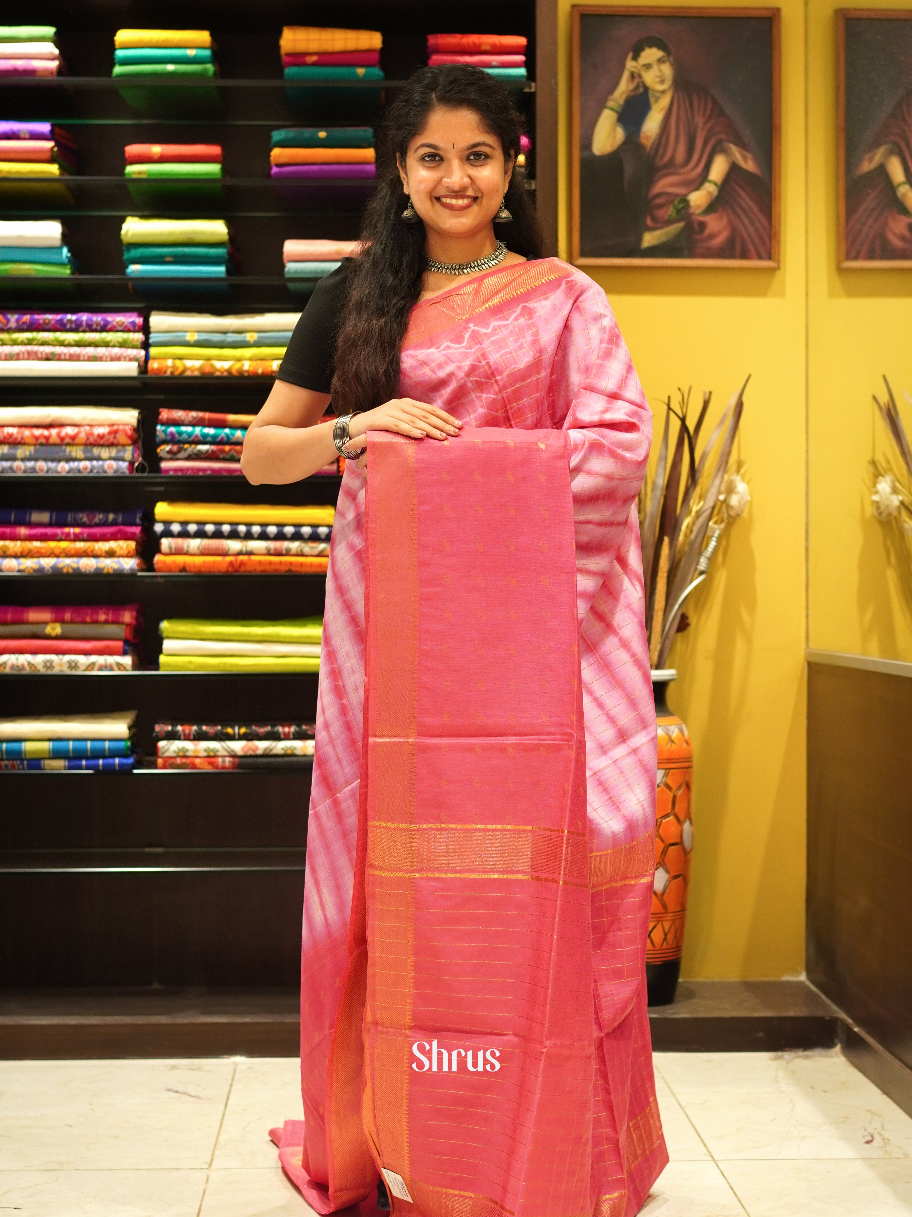 Cream & Pink - Shibori Saree - Shop on ShrusEternity.com