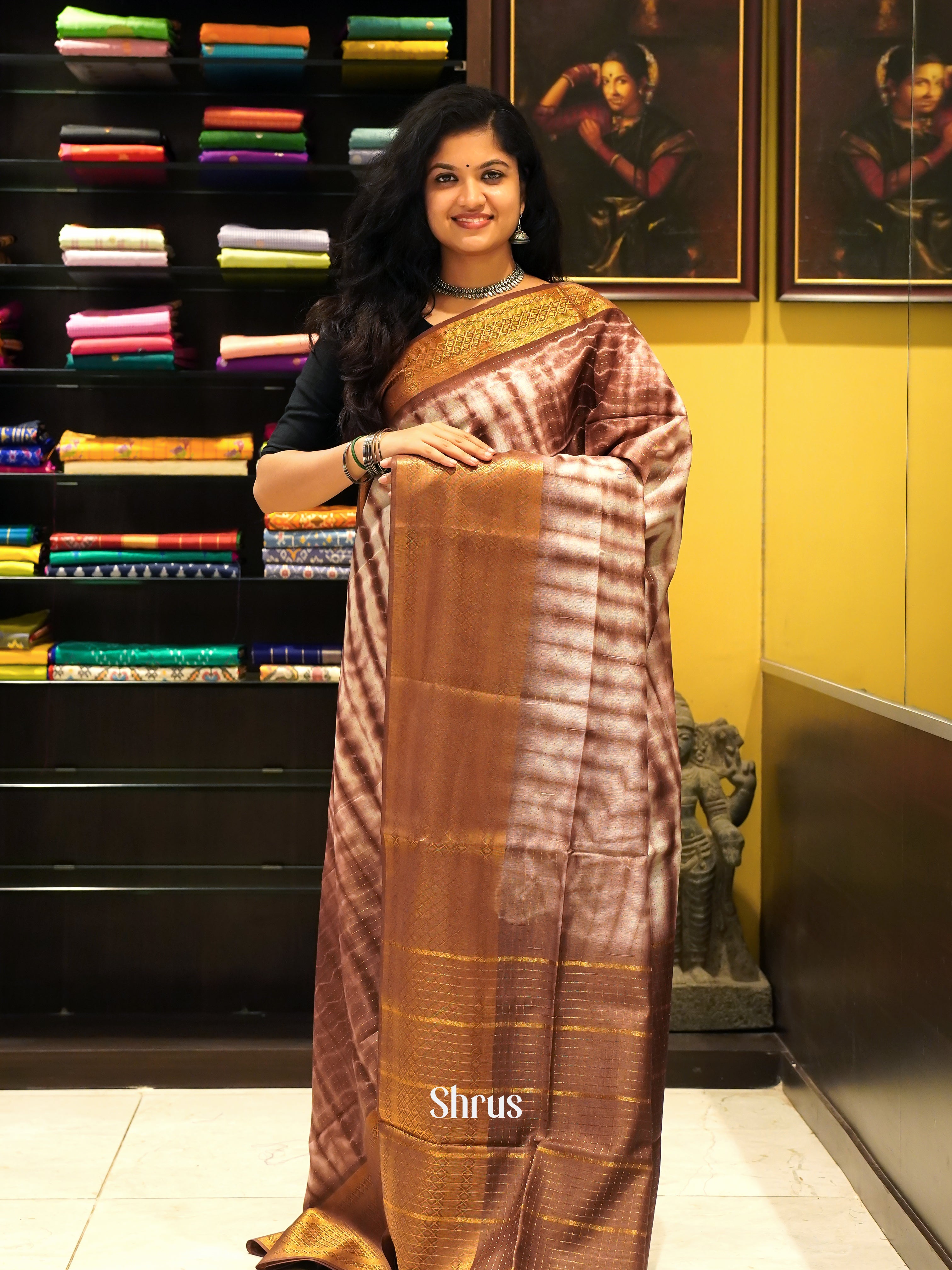 Cream & Brown - Shibori Saree - Shop on ShrusEternity.com