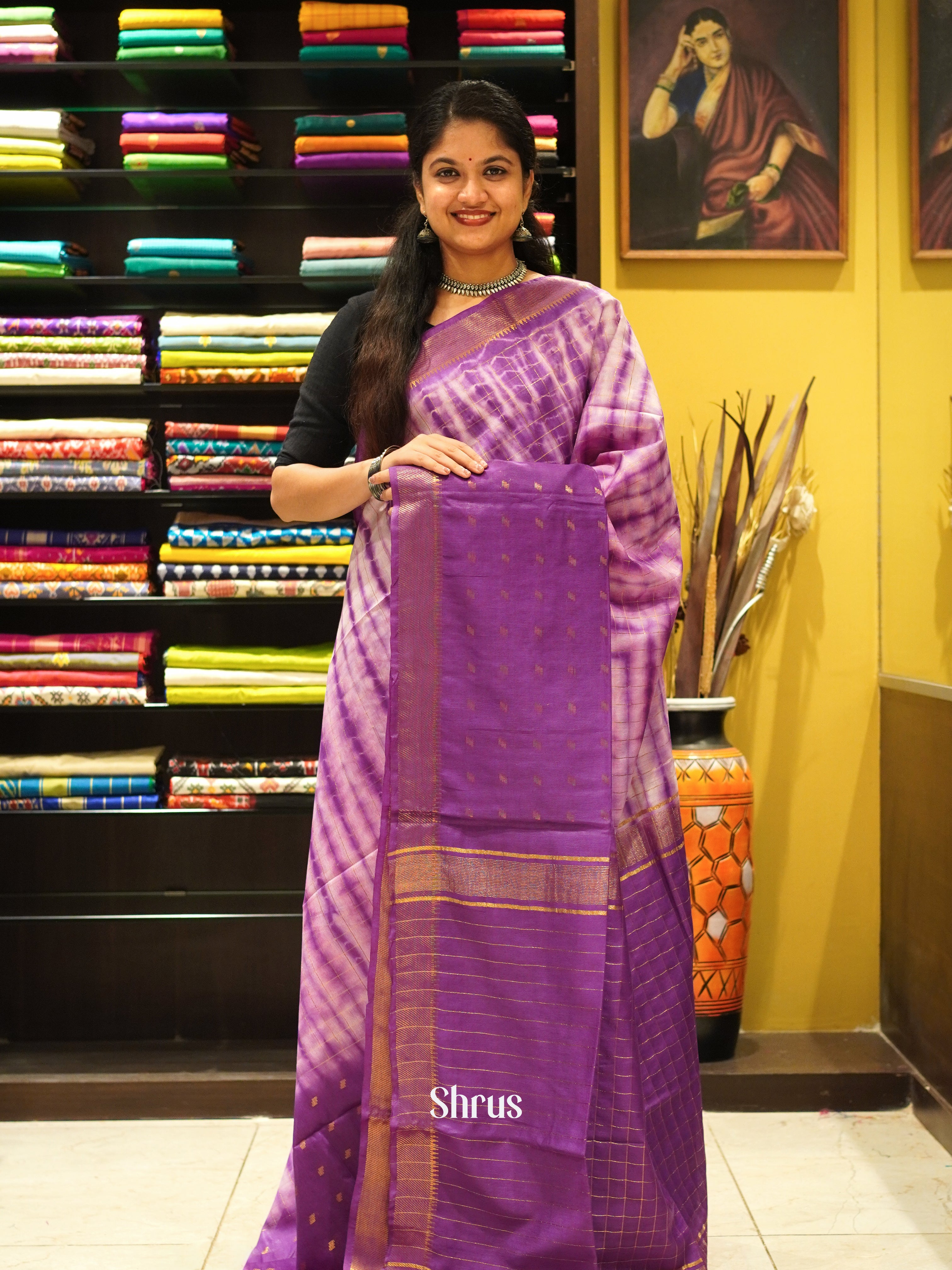 Cream & Purple - Shibori Saree - Shop on ShrusEternity.com