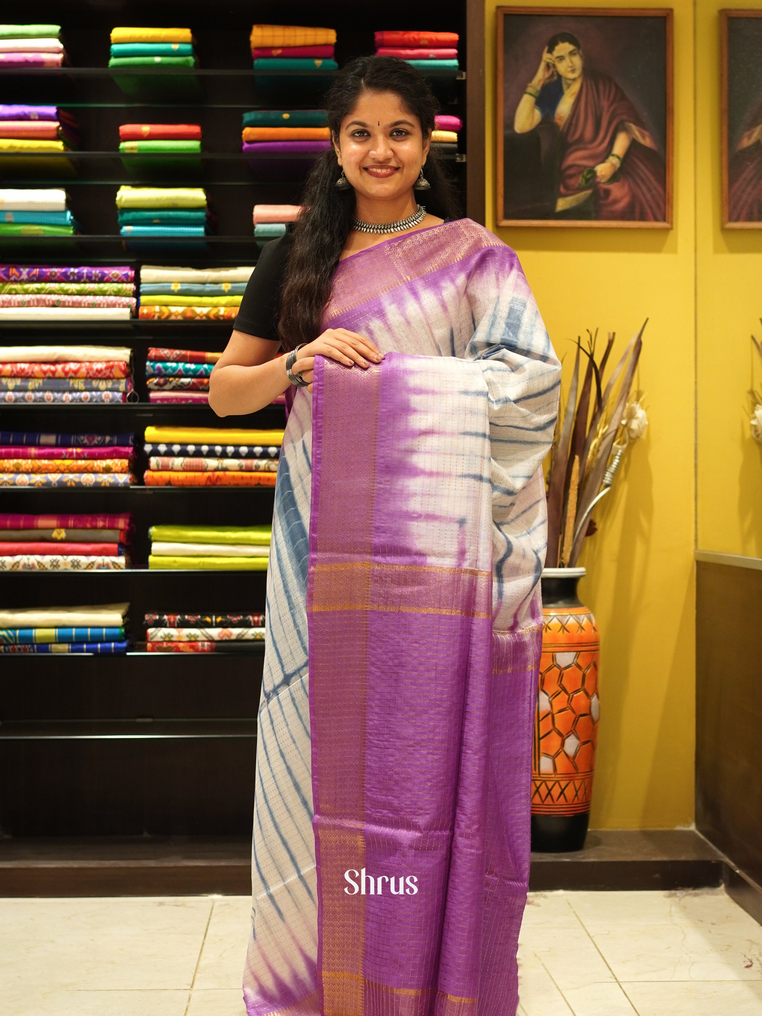 Cream & Purple - Shibori Saree - Shop on ShrusEternity.com