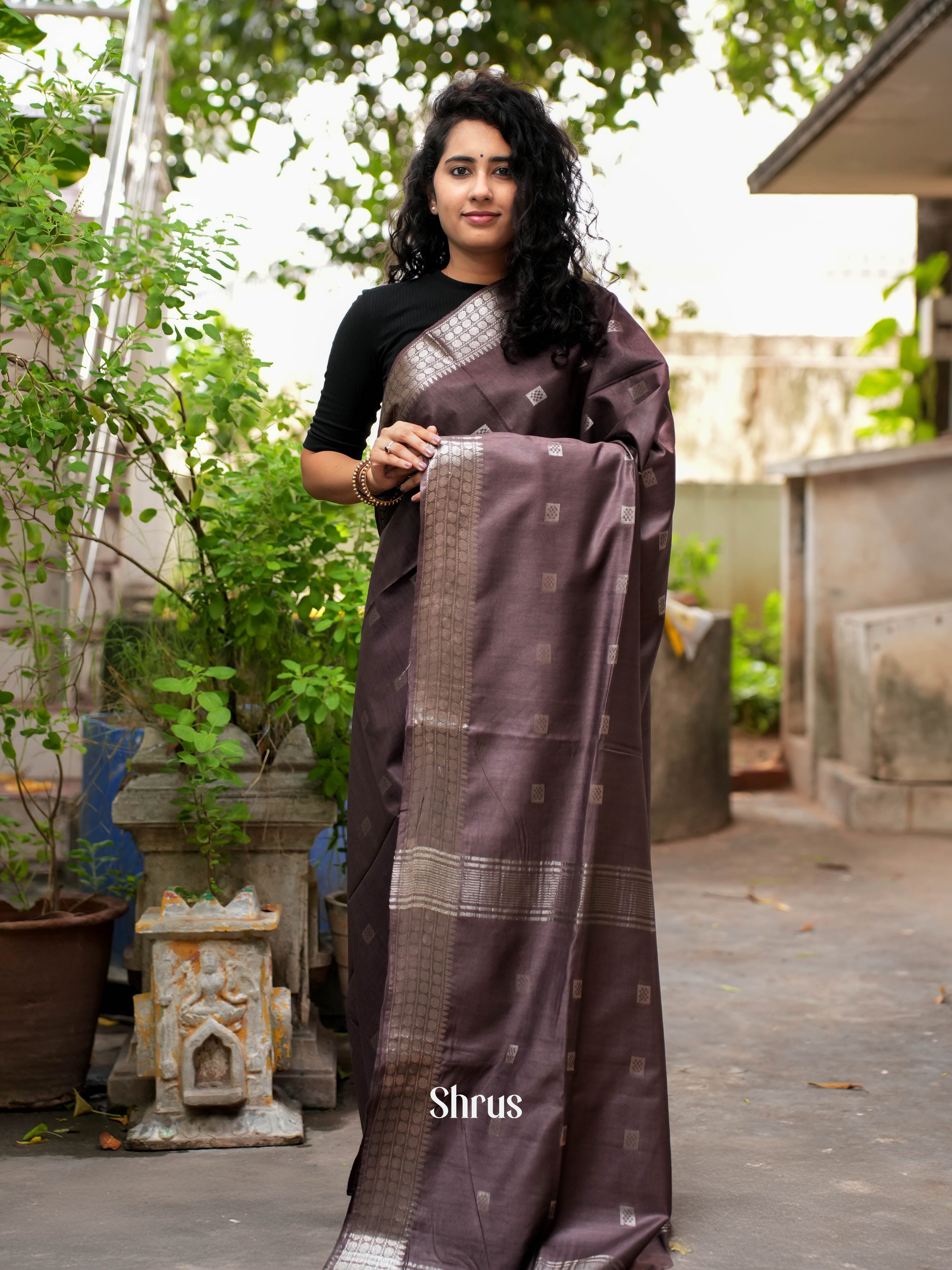 Brown(Single Tone)- Semi Tussar Saree - Shop on ShrusEternity.com