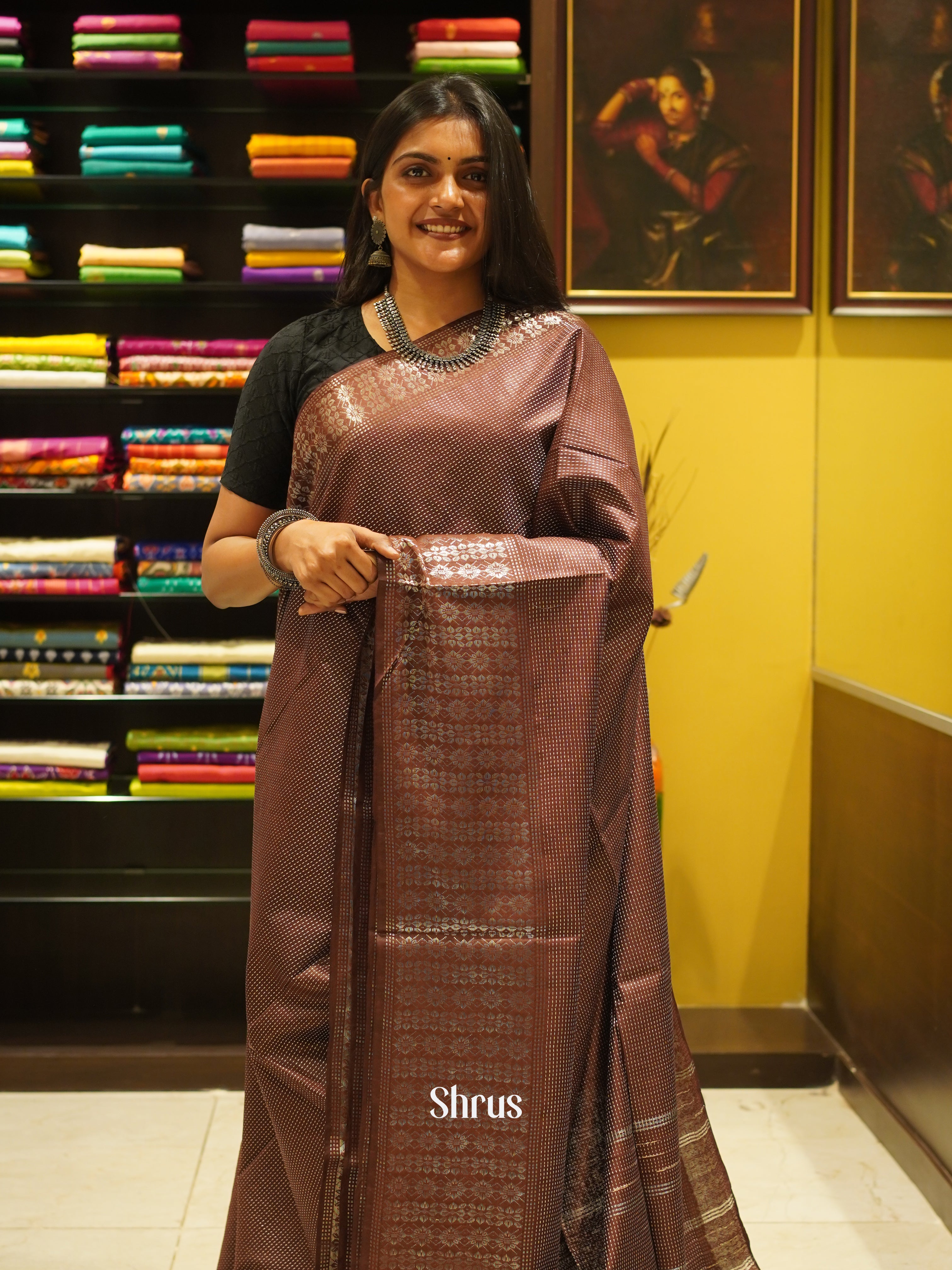 Brown(Single Tone)- Semi Tussar Saree - Shop on ShrusEternity.com
