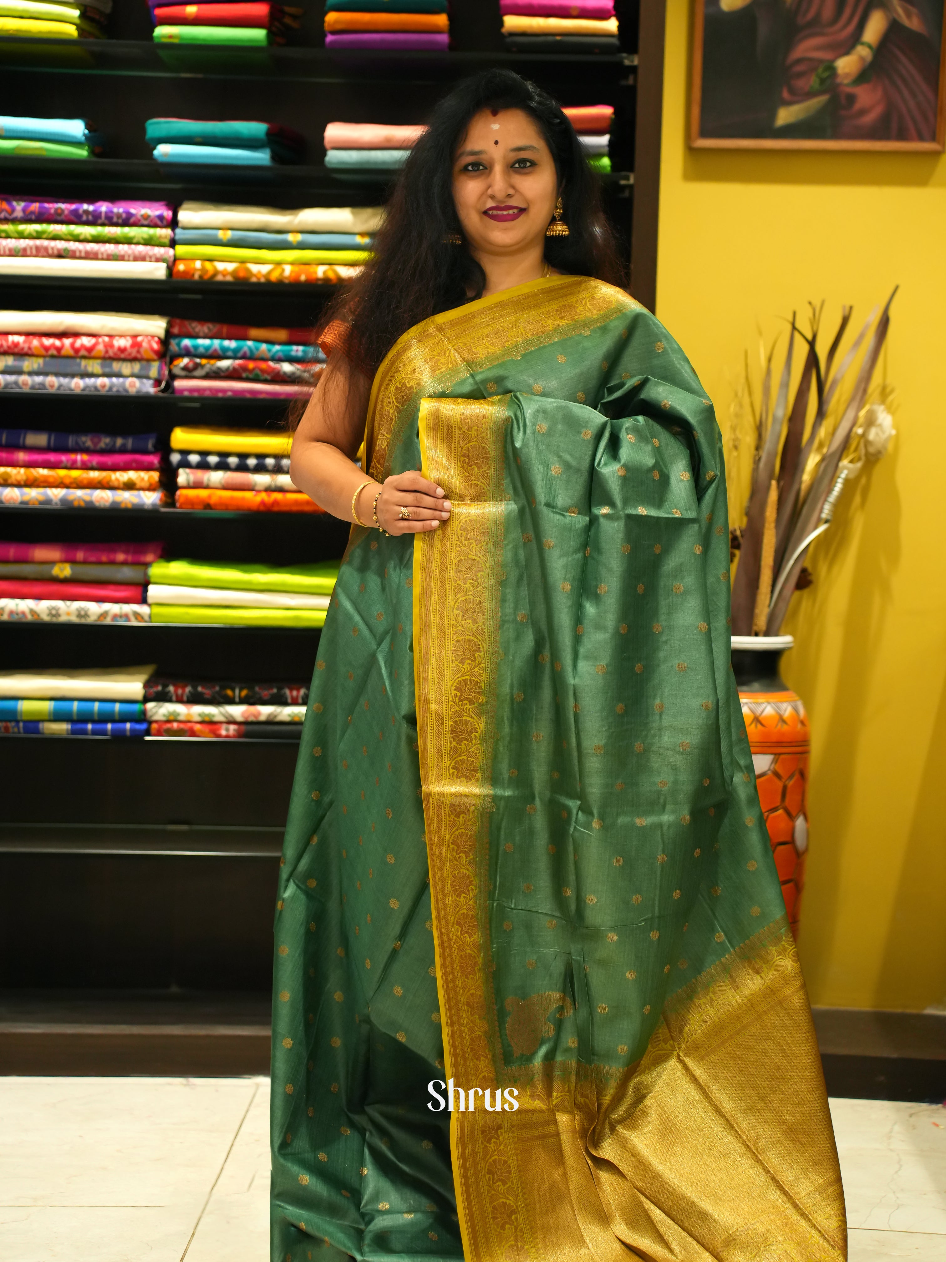 Green & Mustardy Green- Tussar Saree - Shop on ShrusEternity.com
