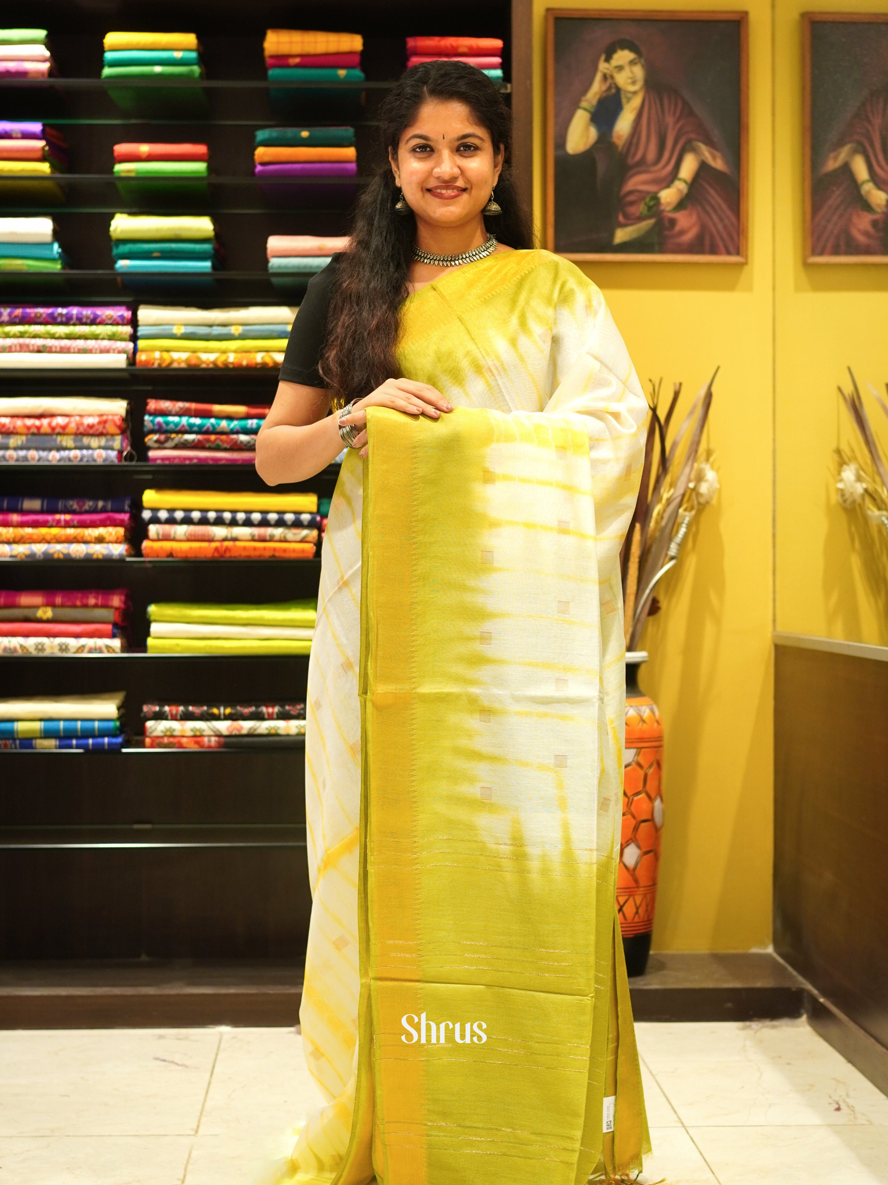 Cream & Green- Shibori Saree - Shop on ShrusEternity.com