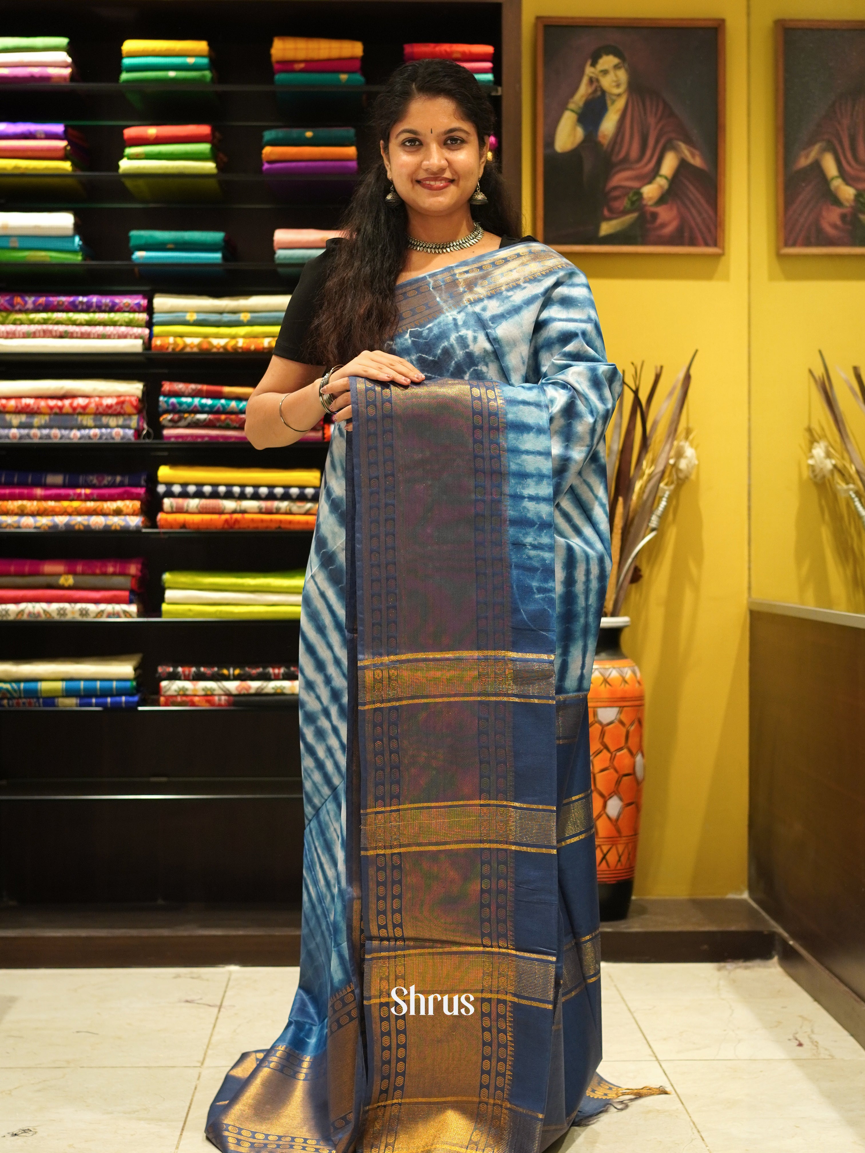 Cream & Blue - Shibori Saree - Shop on ShrusEternity.com
