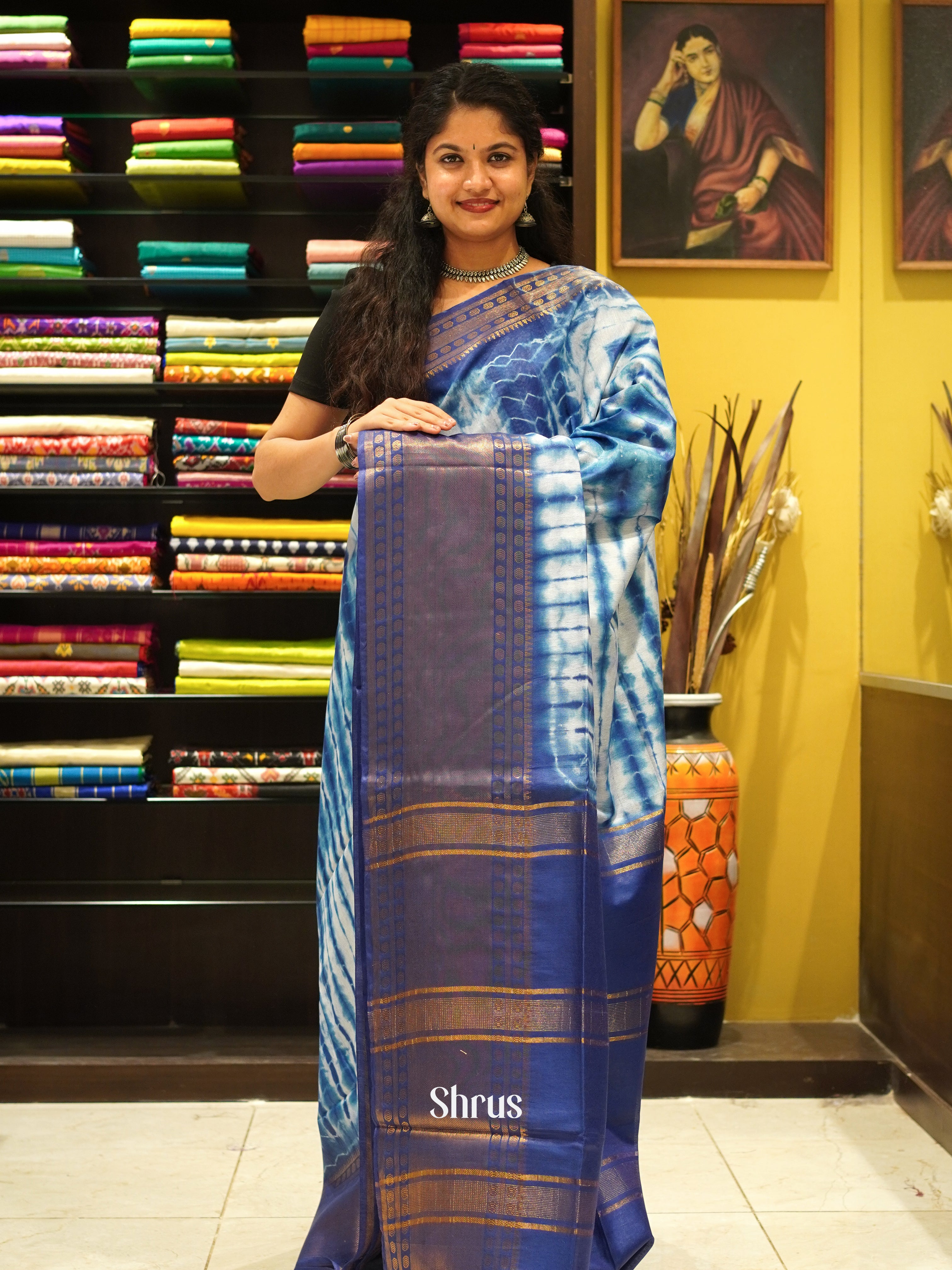 Cream & Blue - Shibori Saree - Shop on ShrusEternity.com