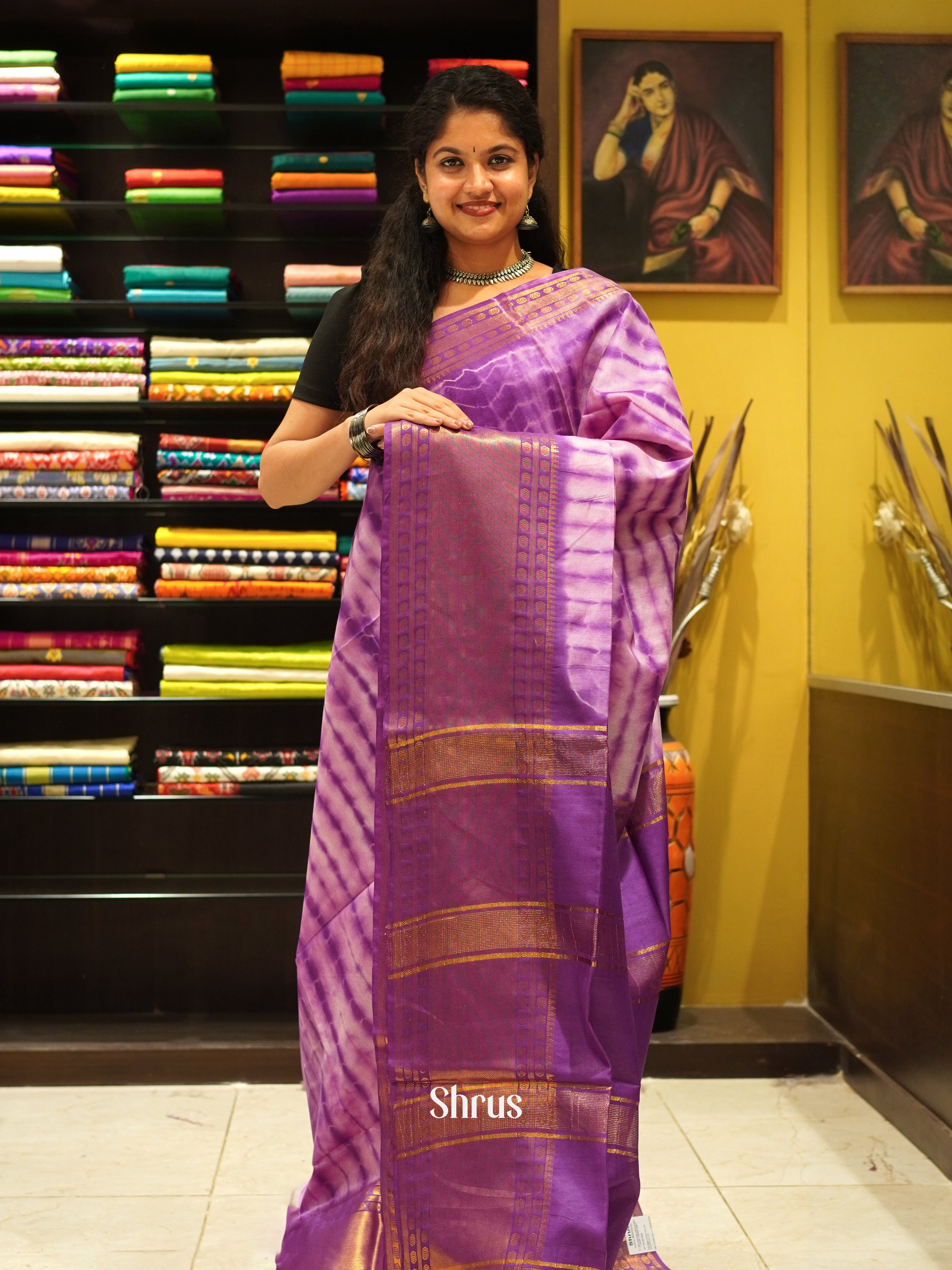 Cream & Purple - Shibori Saree - Shop on ShrusEternity.com