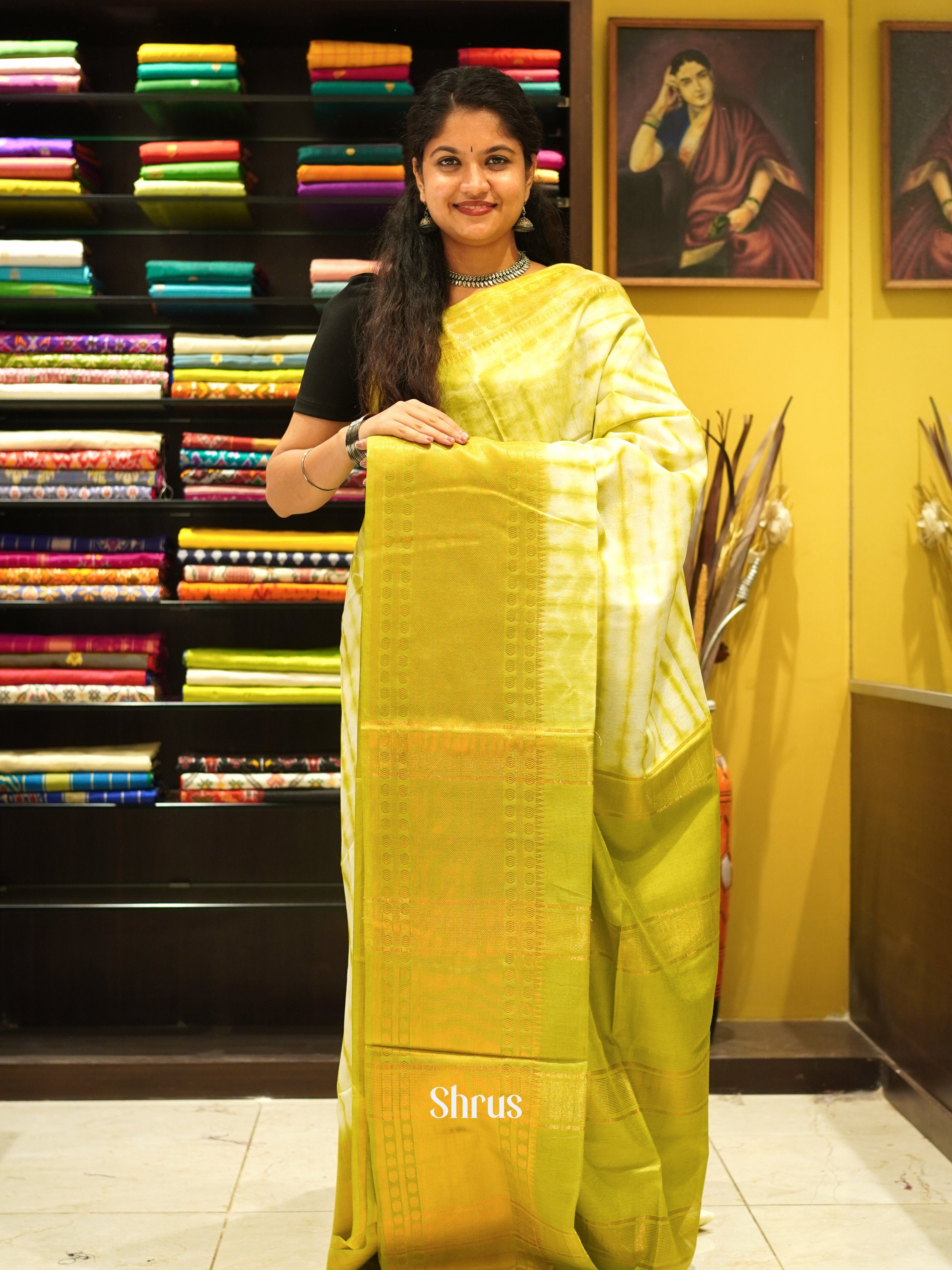 Cream & Green - Shibori Saree - Shop on ShrusEternity.com