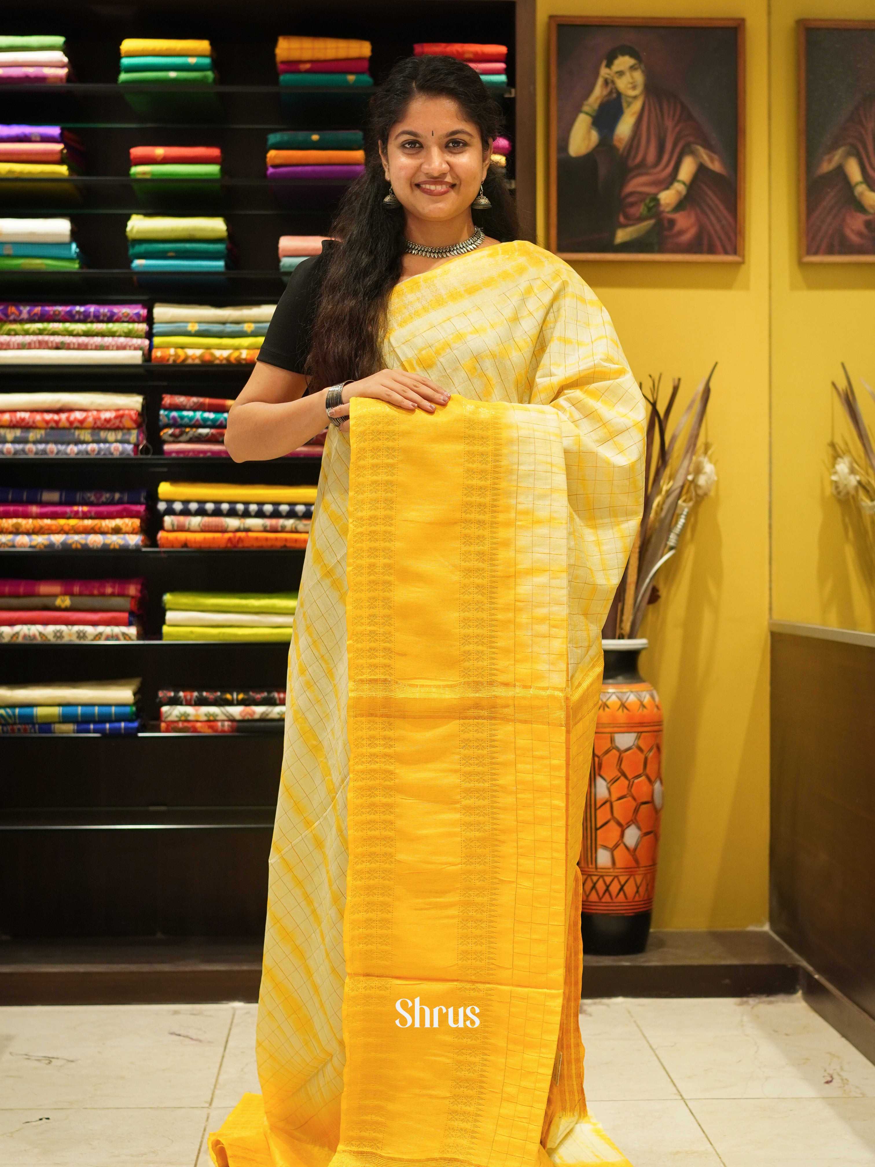 Cream & Yellow - Shibori Saree - Shop on ShrusEternity.com