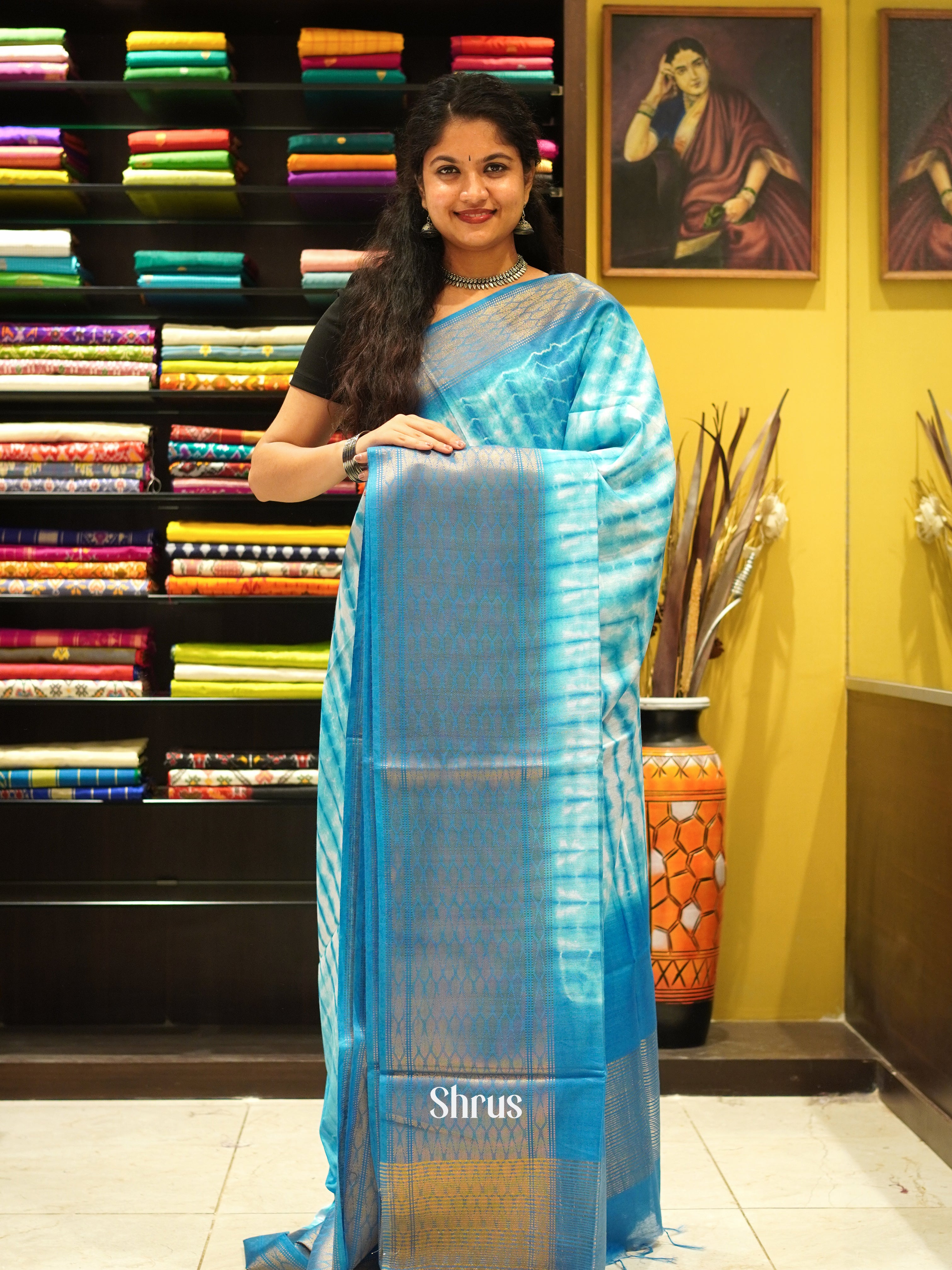 Cream & Teal Blue- Shibori Saree - Shop on ShrusEternity.com