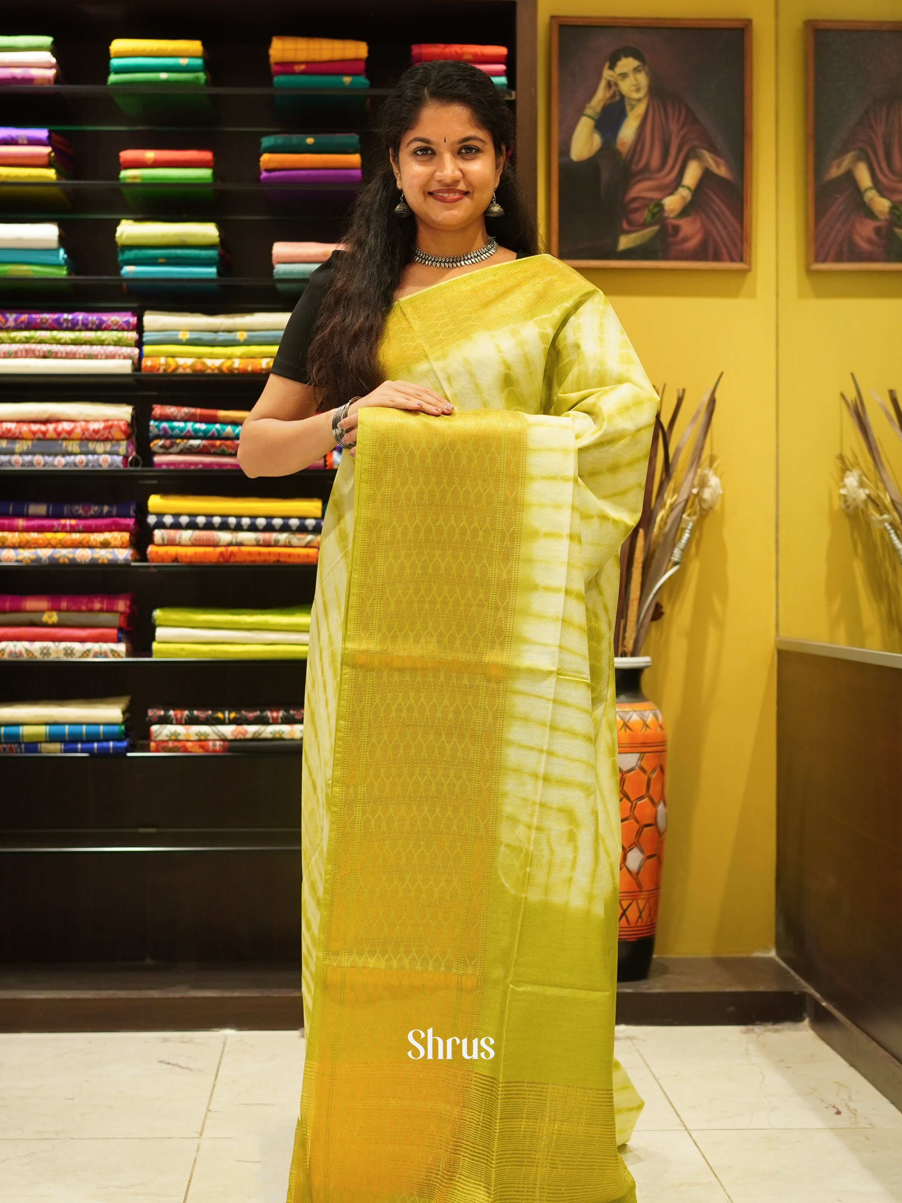 Cream & Mathulir Green - Shibori Saree - Shop on ShrusEternity.com