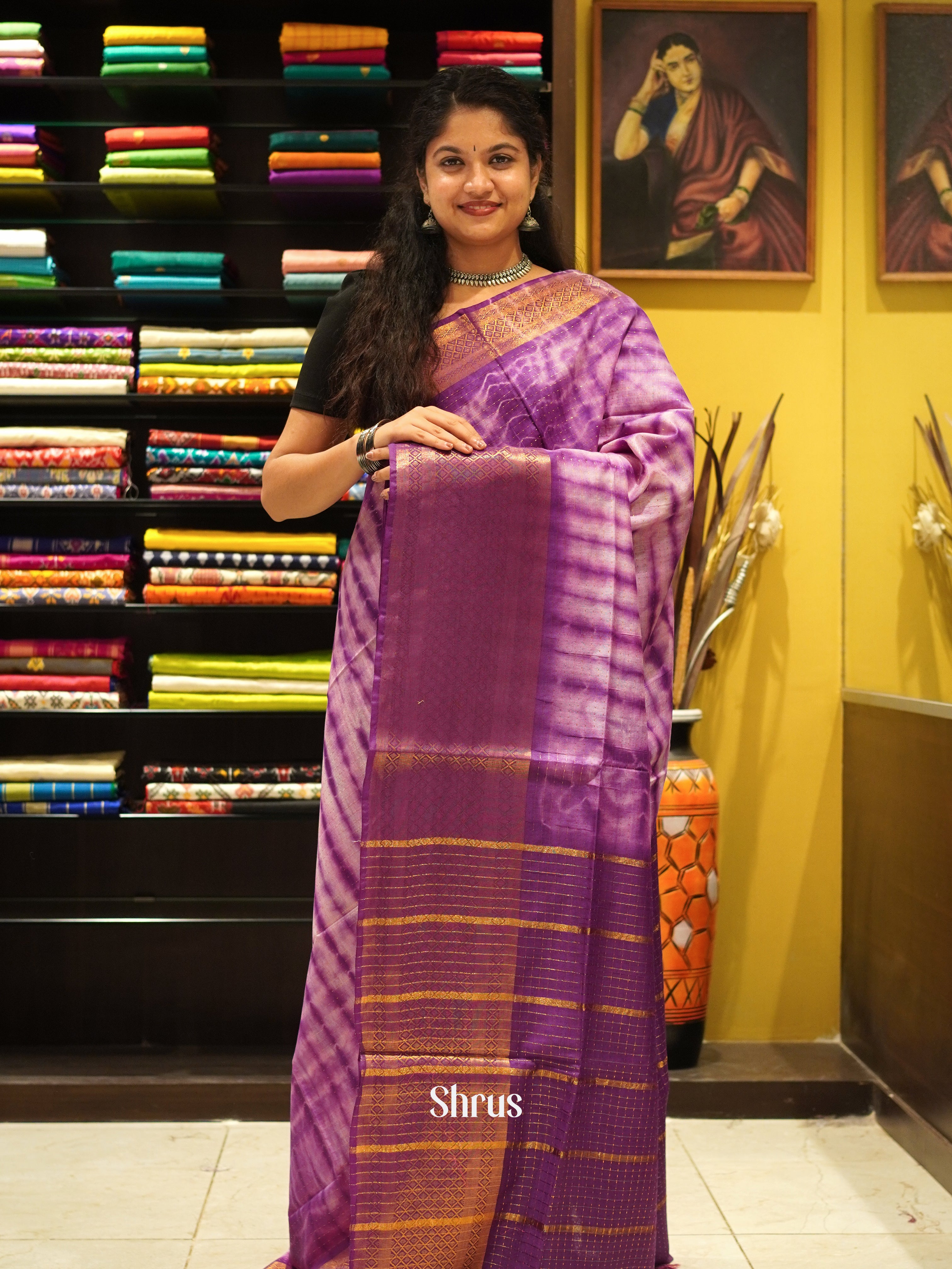 Cream & Purple - Shibori Saree - Shop on ShrusEternity.com