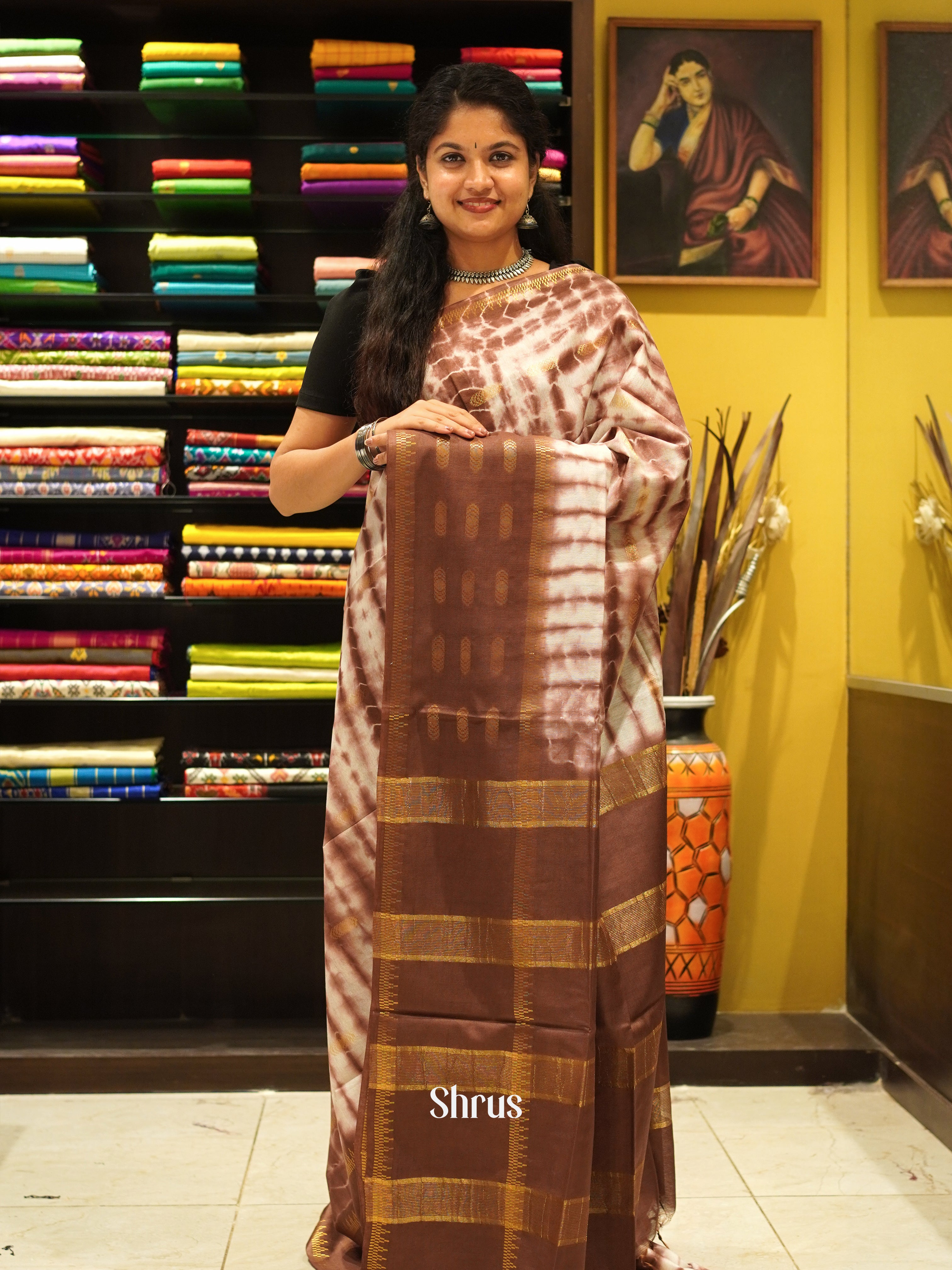 Cream & Brown - Shibori Saree - Shop on ShrusEternity.com
