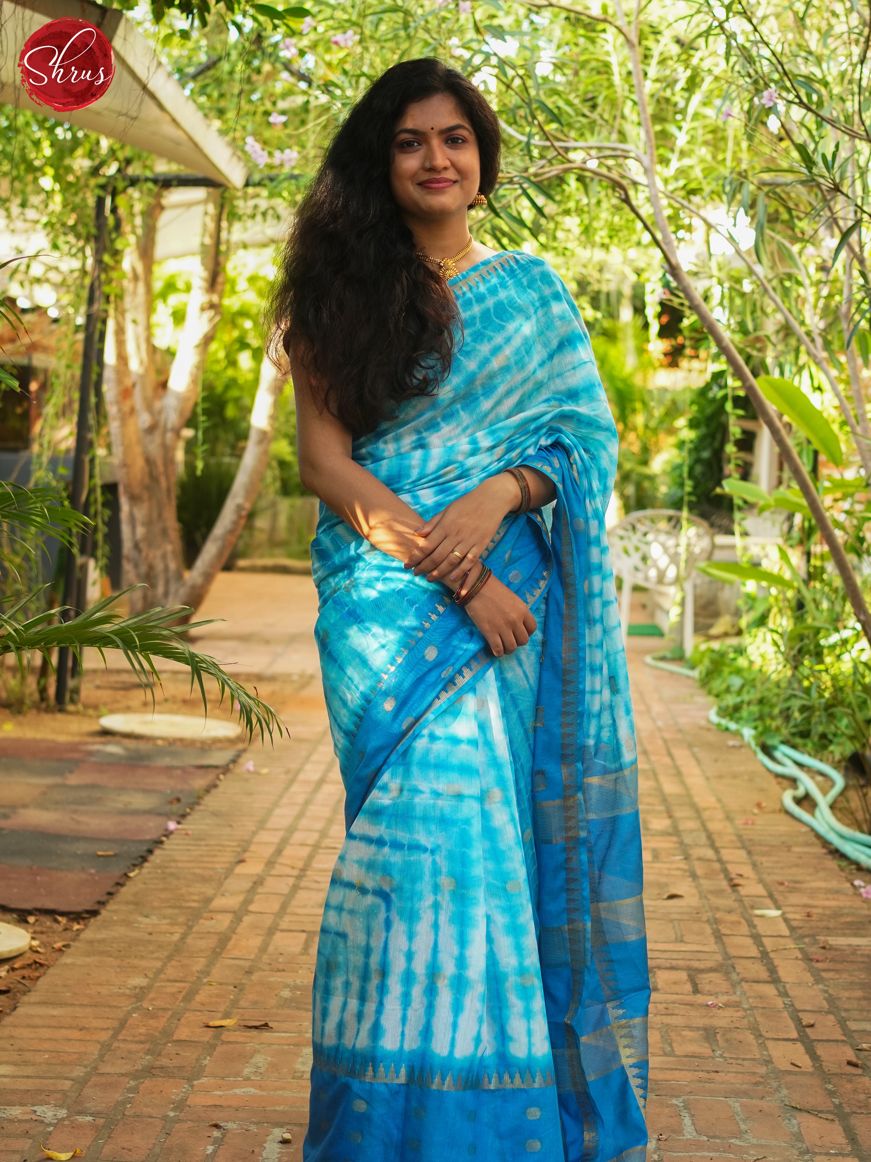 Cream & Blue - Shibori Saree - Shop on ShrusEternity.com