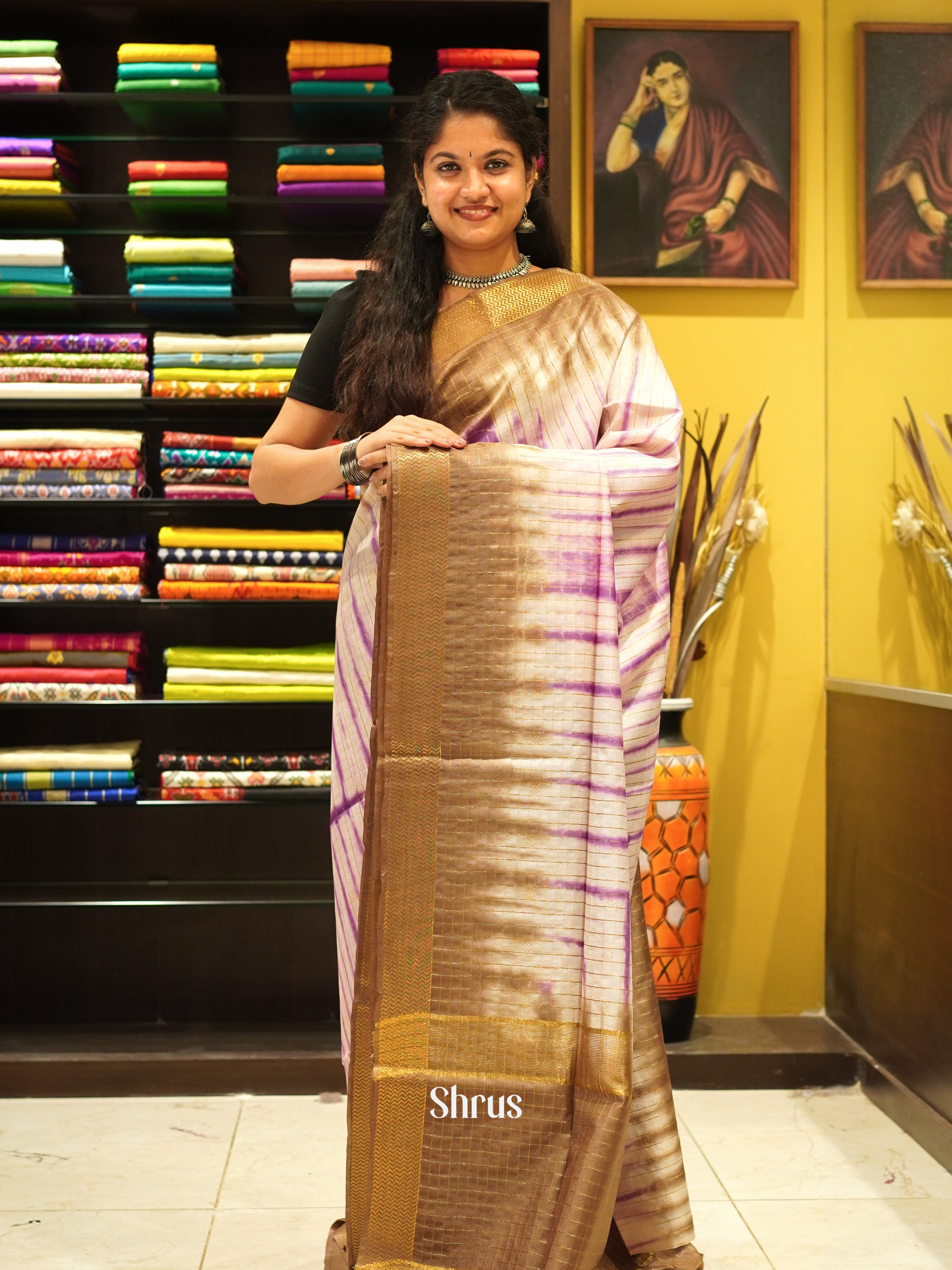 Cream & Brown - Shibori Saree - Shop on ShrusEternity.com
