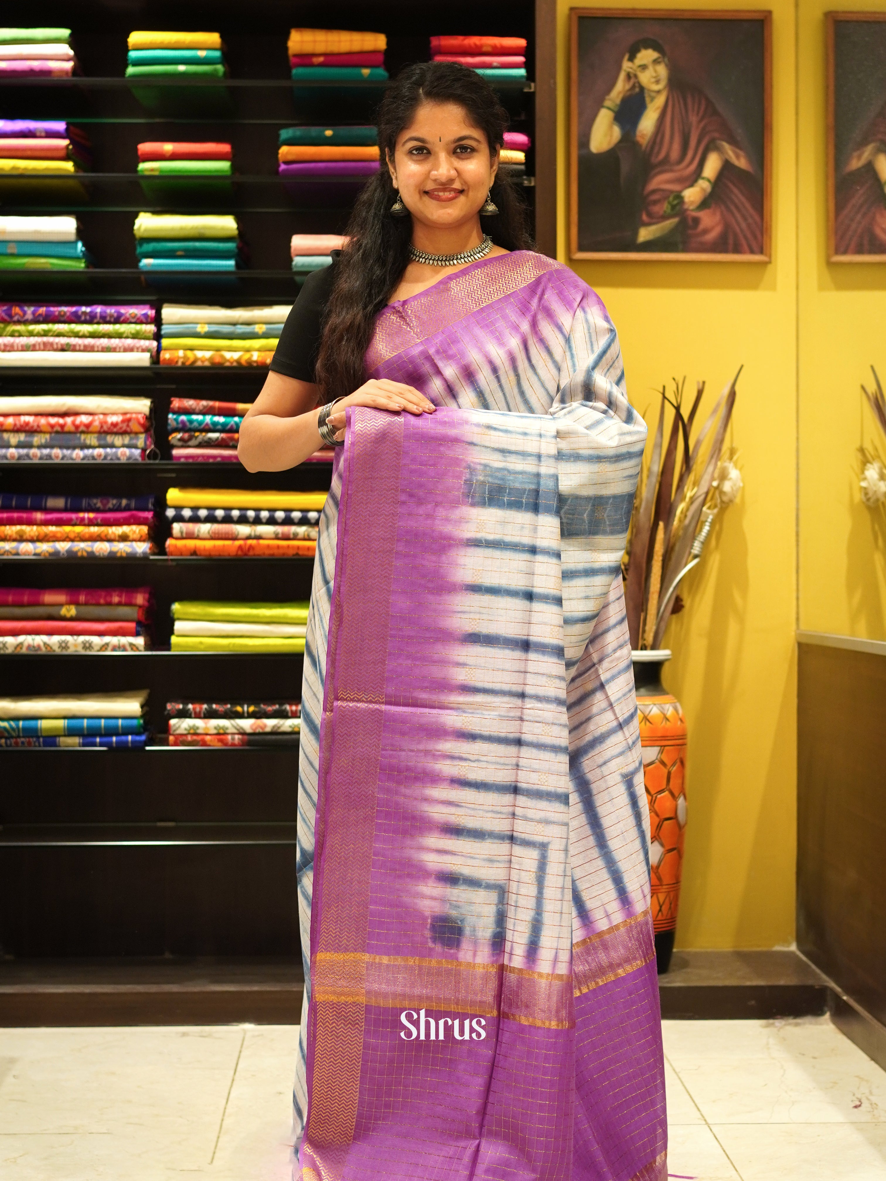 Cream & Purple - Shibori Saree - Shop on ShrusEternity.com