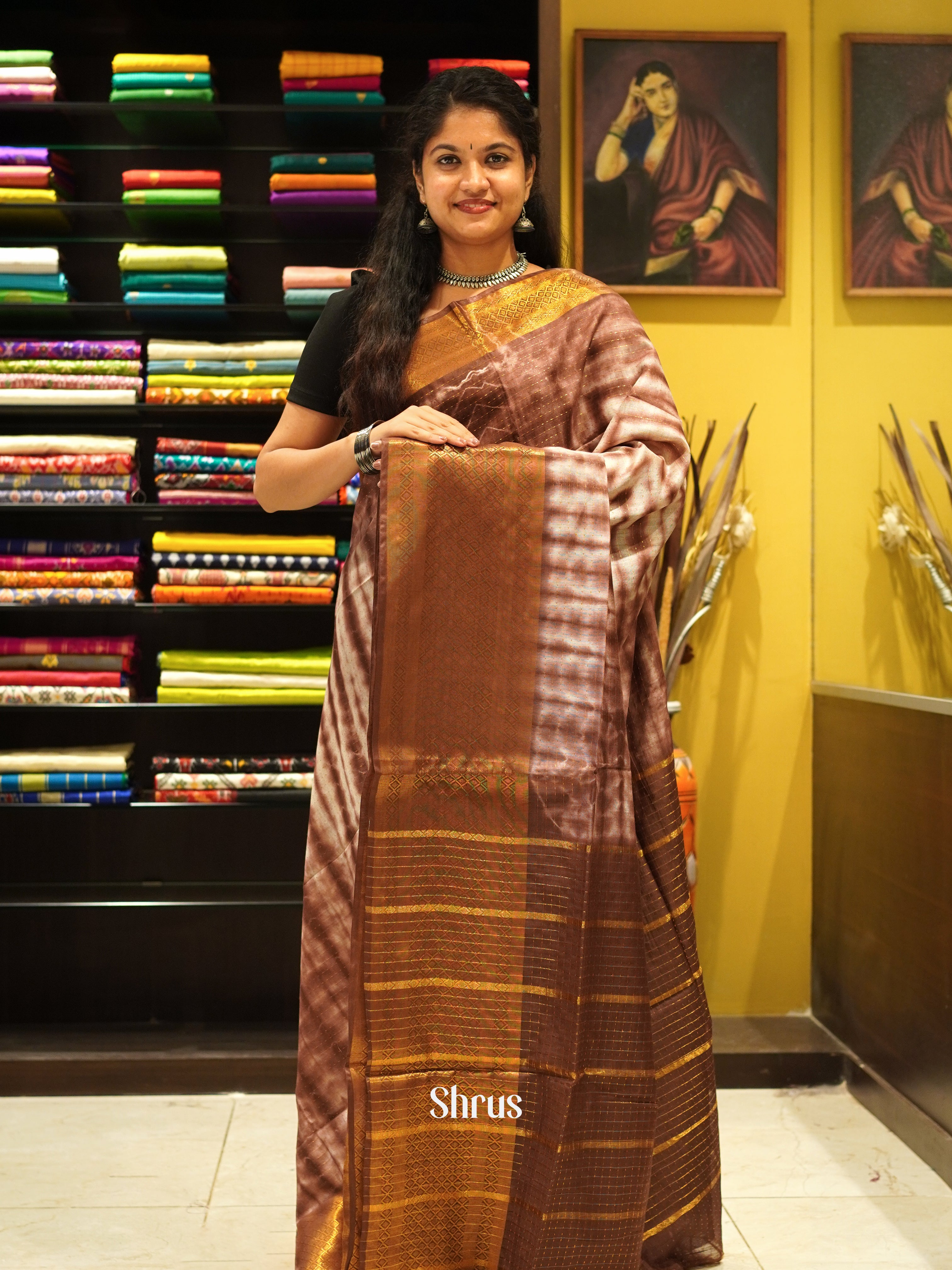 Brown & Cream - Shibori Saree - Shop on ShrusEternity.com