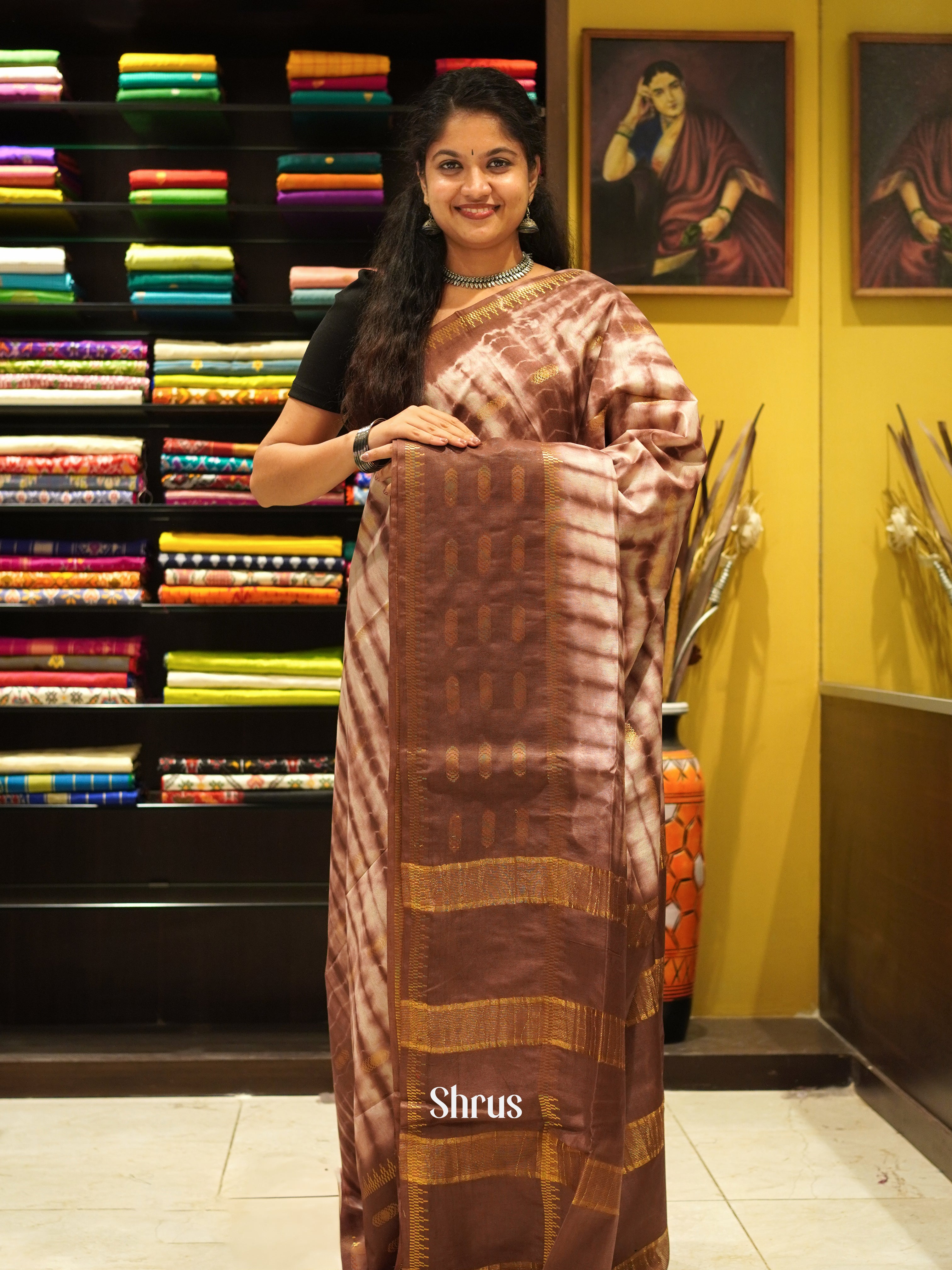 Cream & Brown - Shibori Saree - Shop on ShrusEternity.com