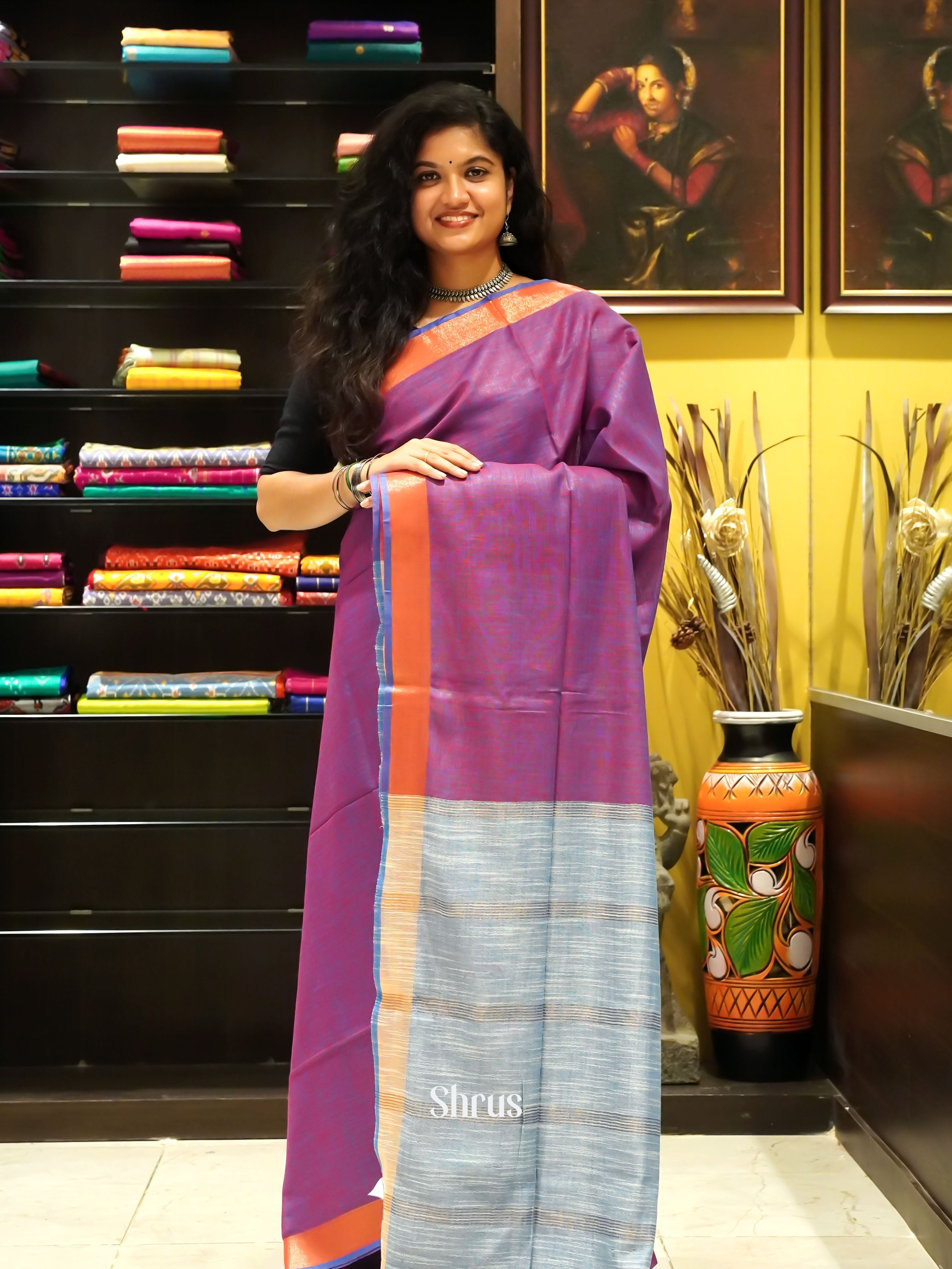 Purple & Lite Blue - Art Linen Saree - Shop on ShrusEternity.com