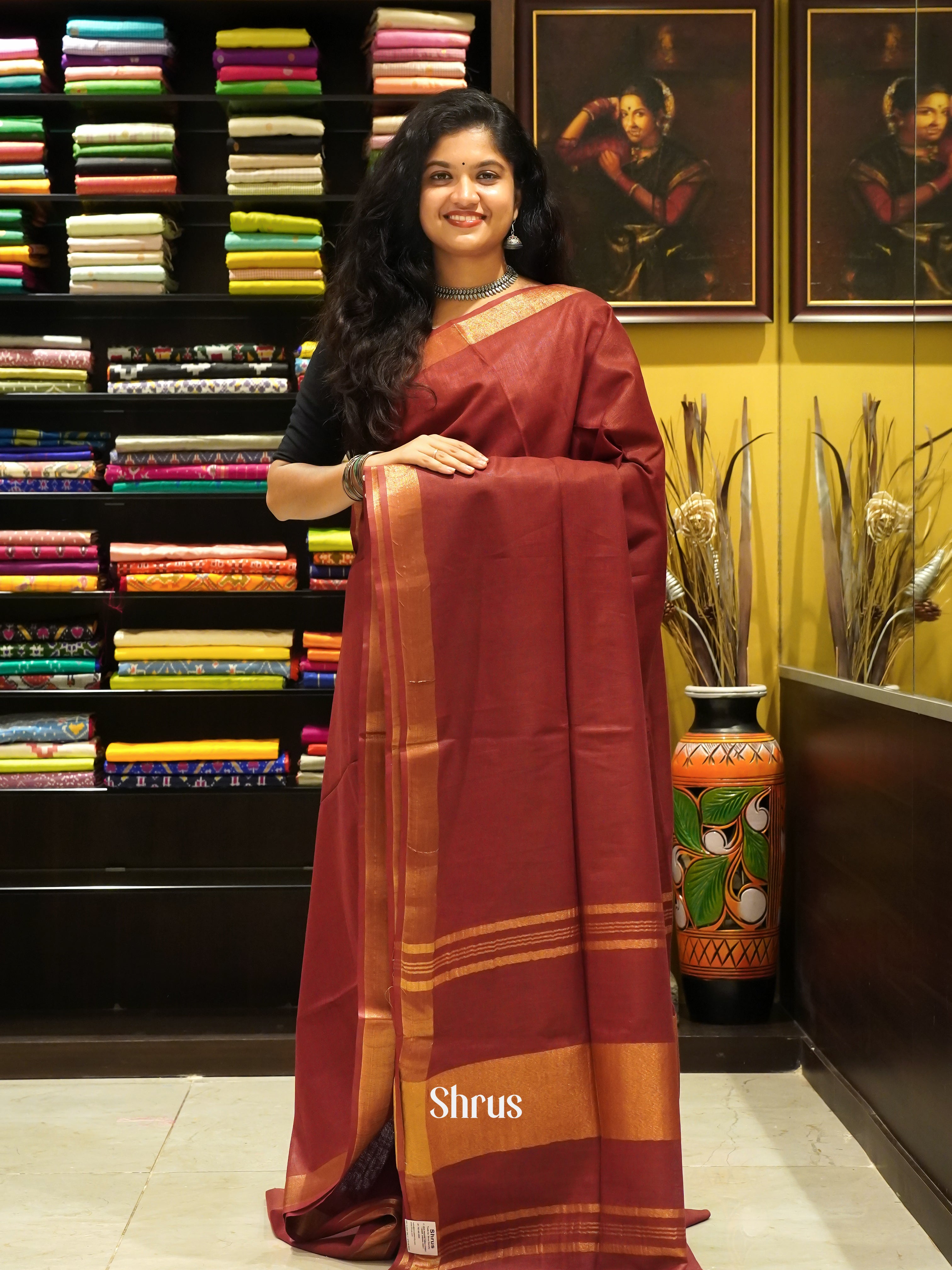 Brown - Art linen Saree - Shop on ShrusEternity.com