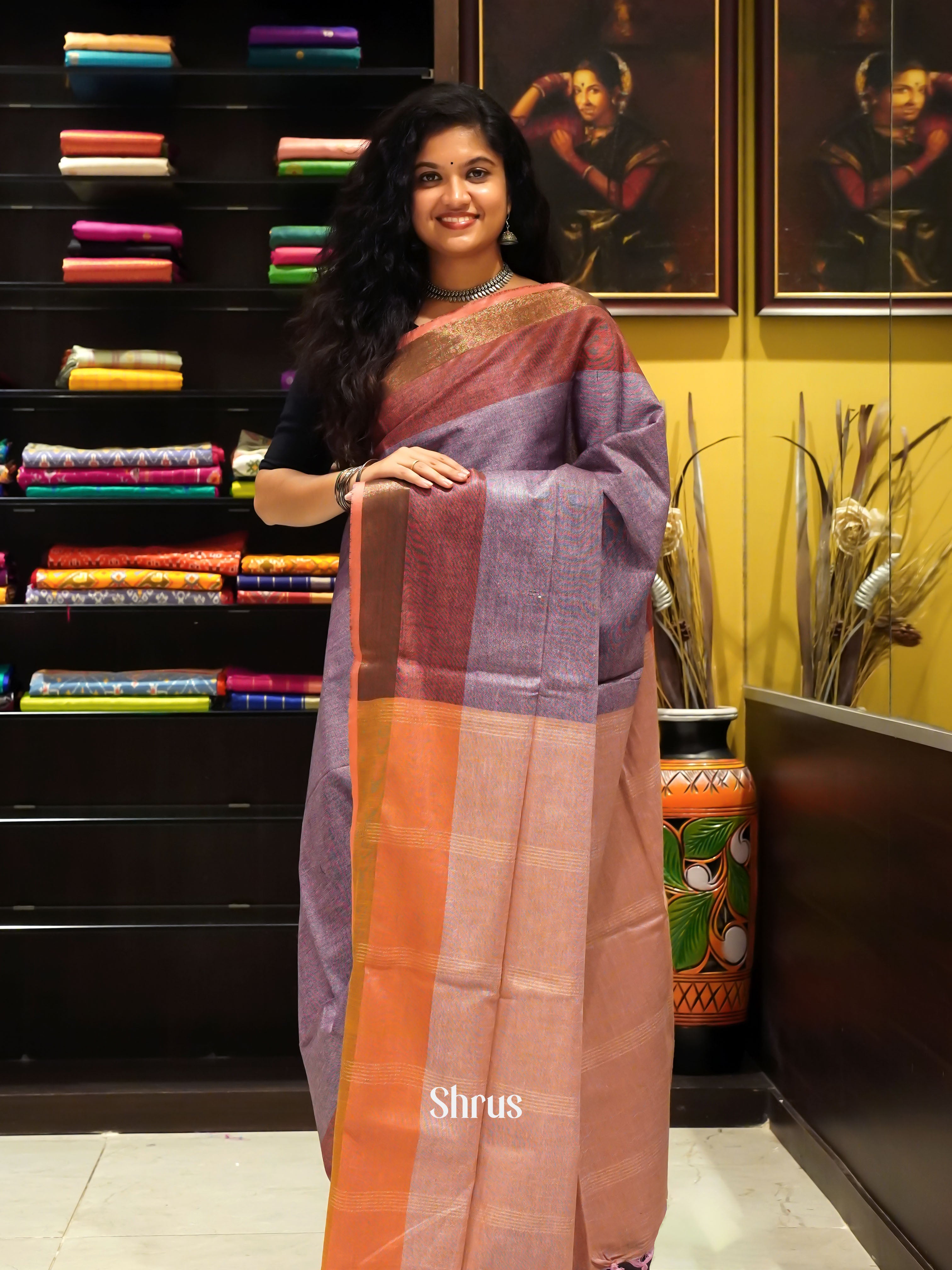 Purple & Peach - Art Linen Saree - Shop on ShrusEternity.com