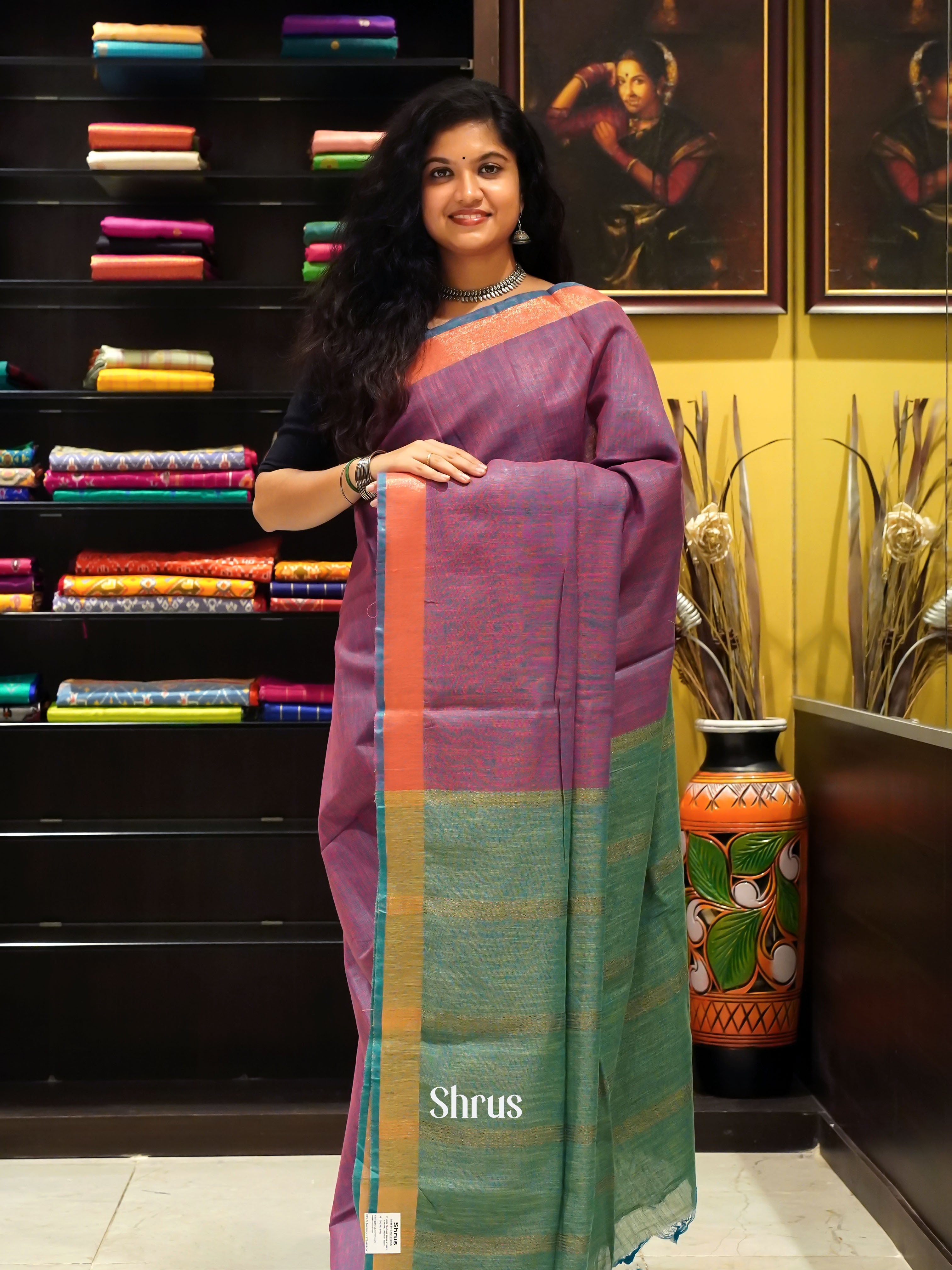 Purple & Green - Art Linen Saree - Shop on ShrusEternity.com