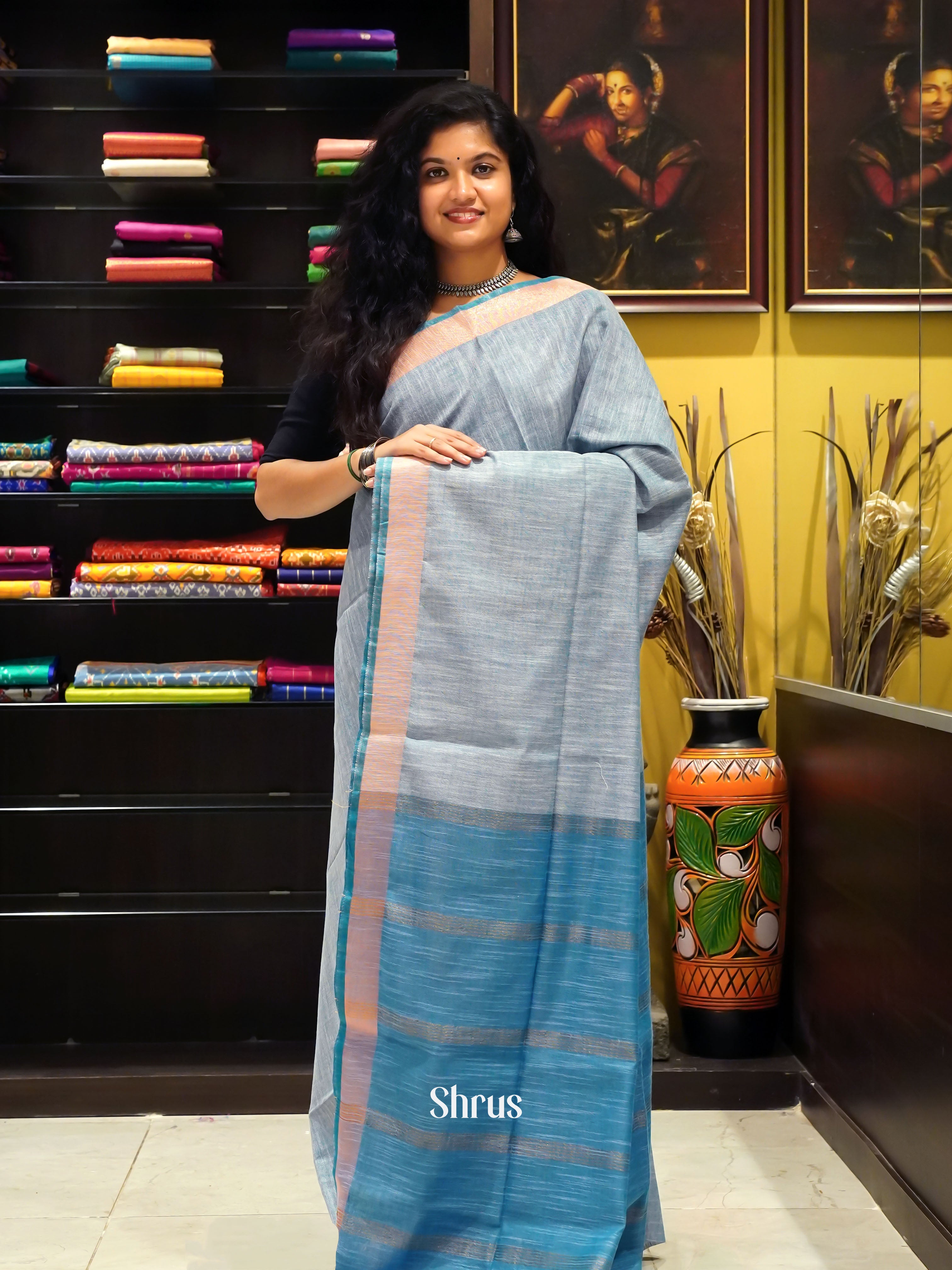 Lite Blue & Blue - Art Linen Saree - Shop on ShrusEternity.com