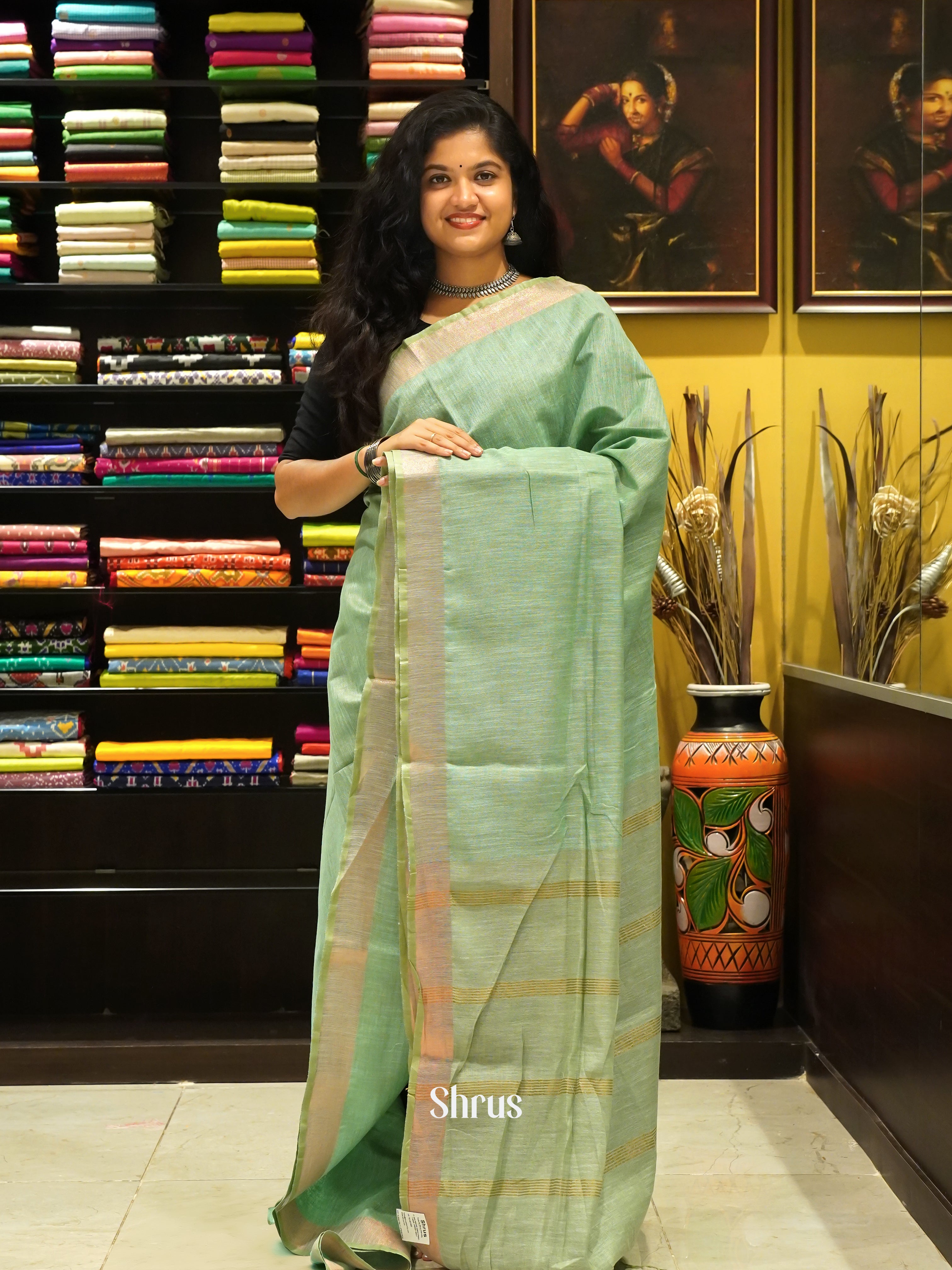Green - Art linen Saree - Shop on ShrusEternity.com