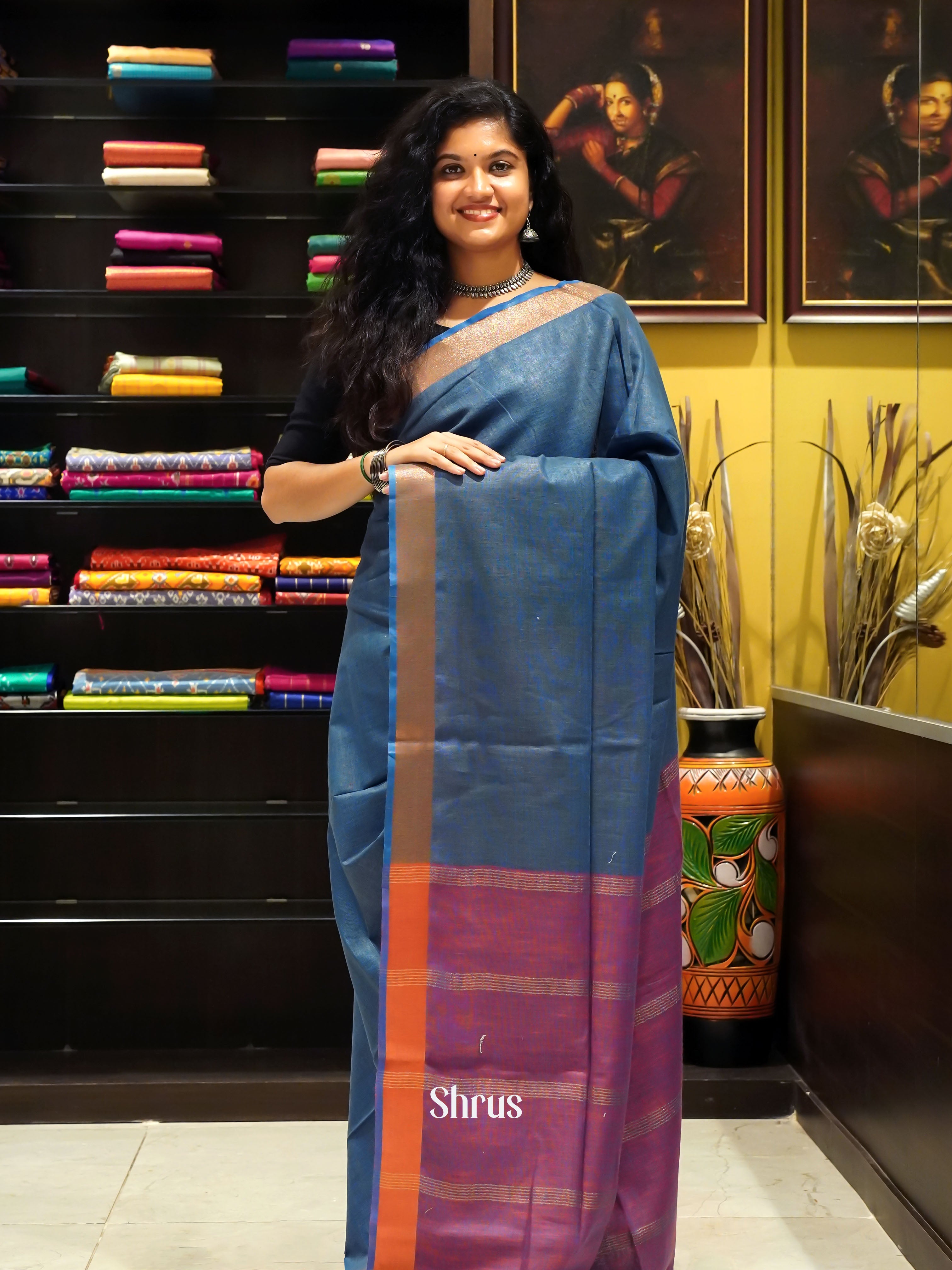 Blue & Purple - Art Linen Saree - Shop on ShrusEternity.com